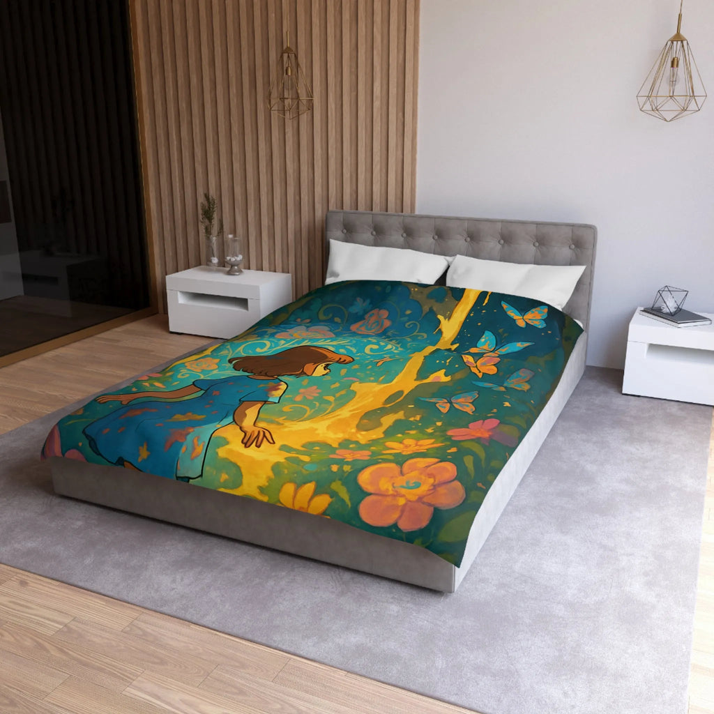 Housse de Couette Enfantine Féerique avec Papillons et Fleurs, Tons Vifs et Lumineux