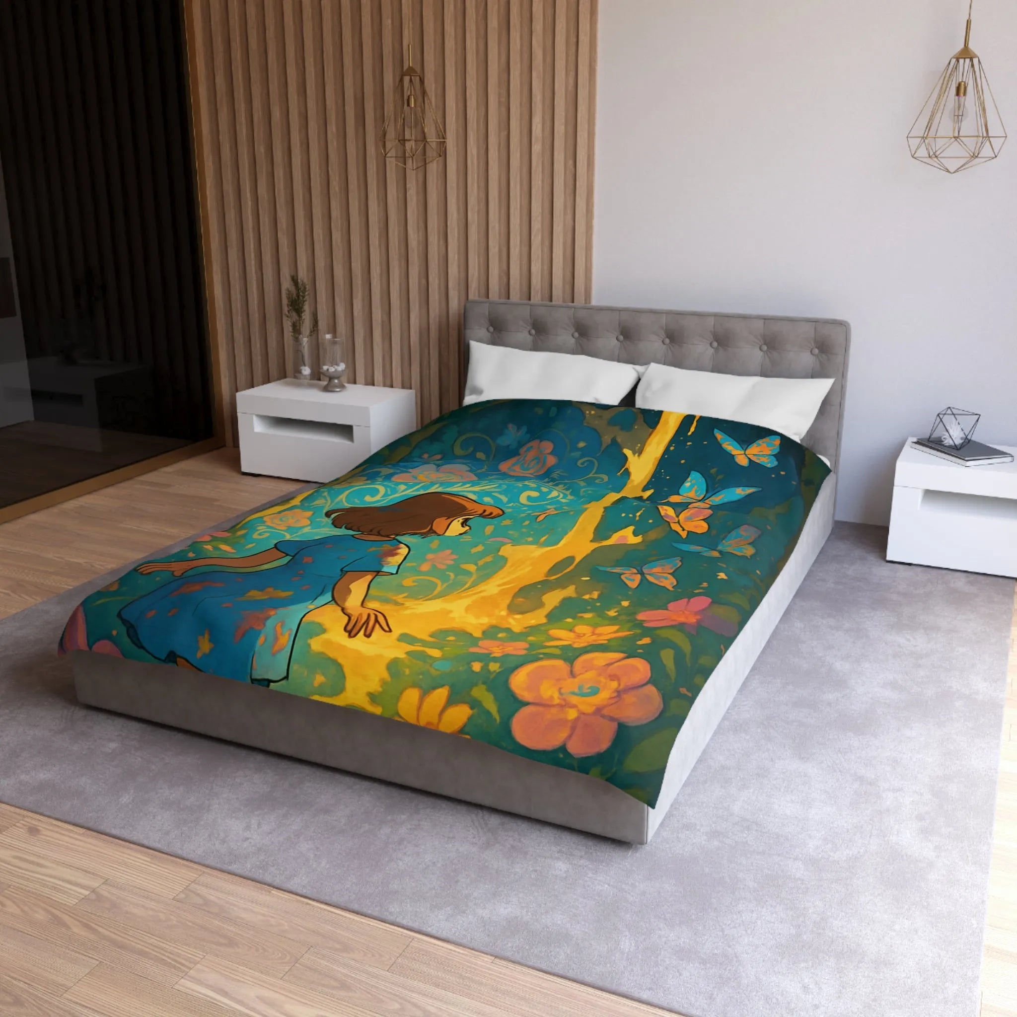 Housse de Couette Enfantine Féerique avec Papillons et Fleurs, Tons Vifs et Lumineux