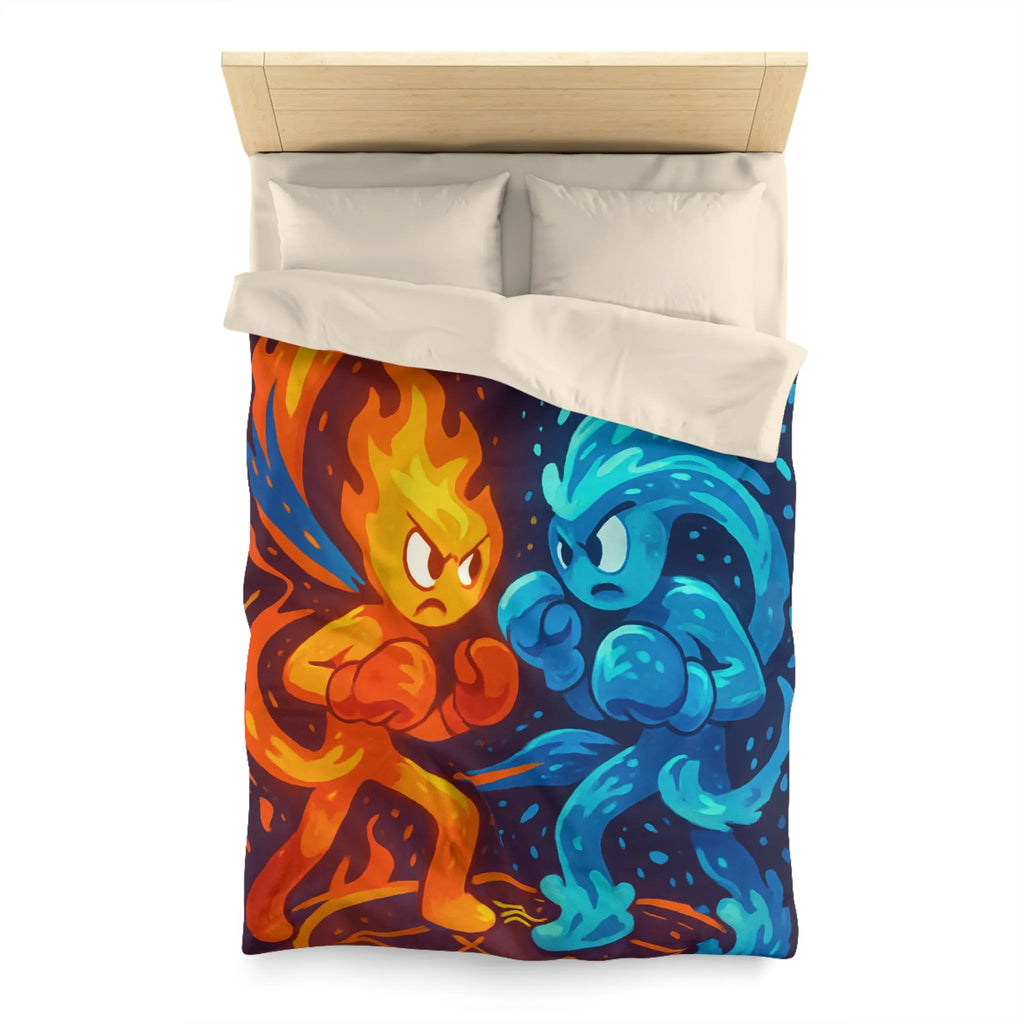 Housse de couette avec illustration dynamique de feu et eau s'affrontant