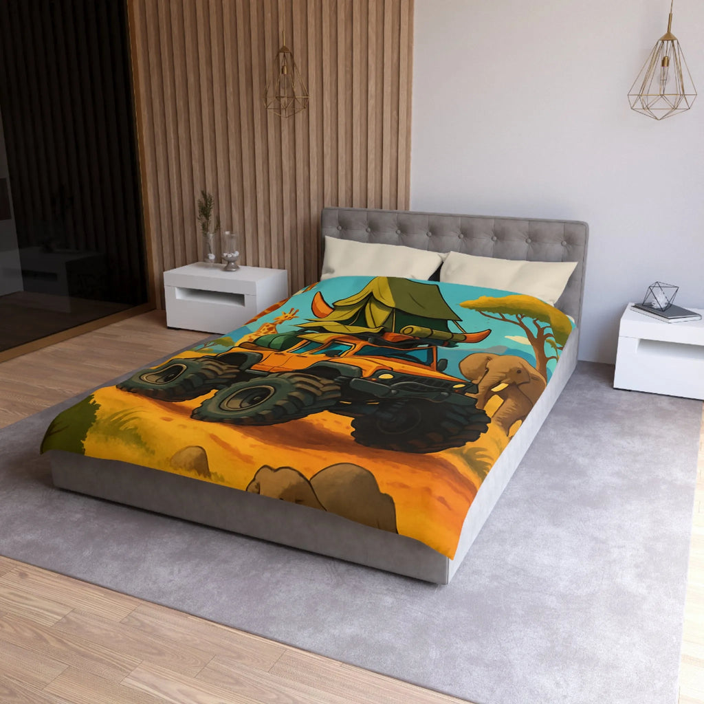 Housse de couette colorée avec véhicule tout-terrain et animaux dans la savane africaine