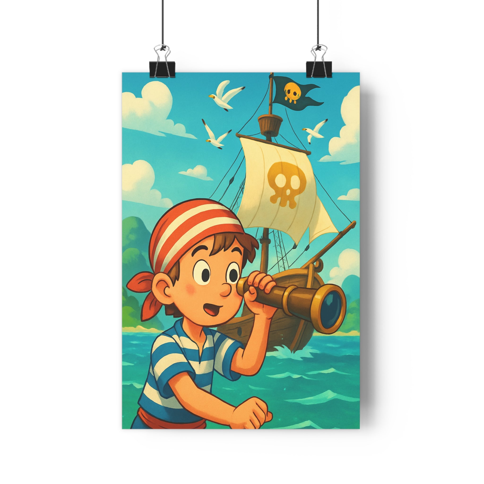 Poster décoratif aventure pirate cartoon enfant couleurs vives chambre joyeuse maritime exploration bandeau longuevue