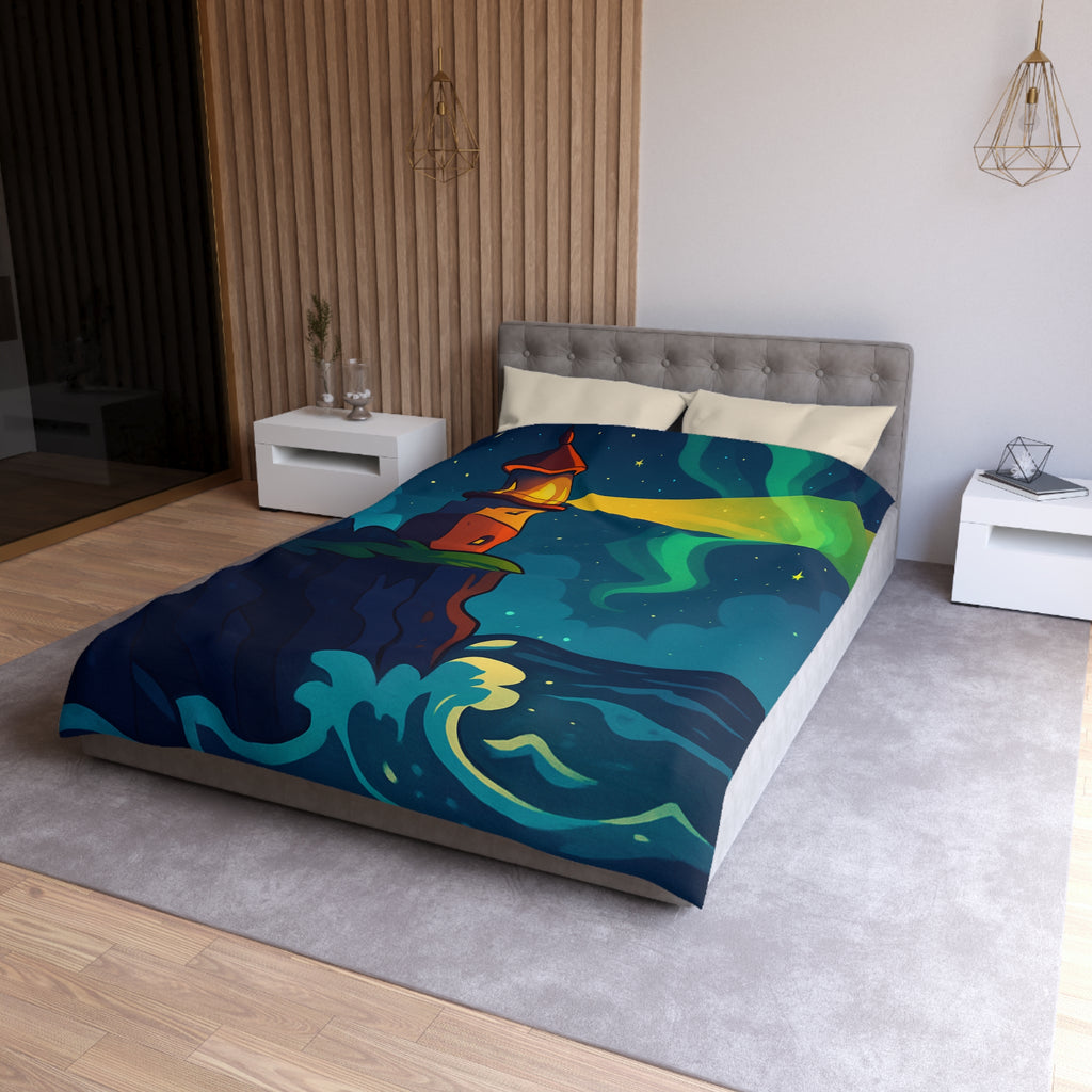 Housse de couette phare rouge illuminant océan étoilé, paysage nocturne inspirant rêve.