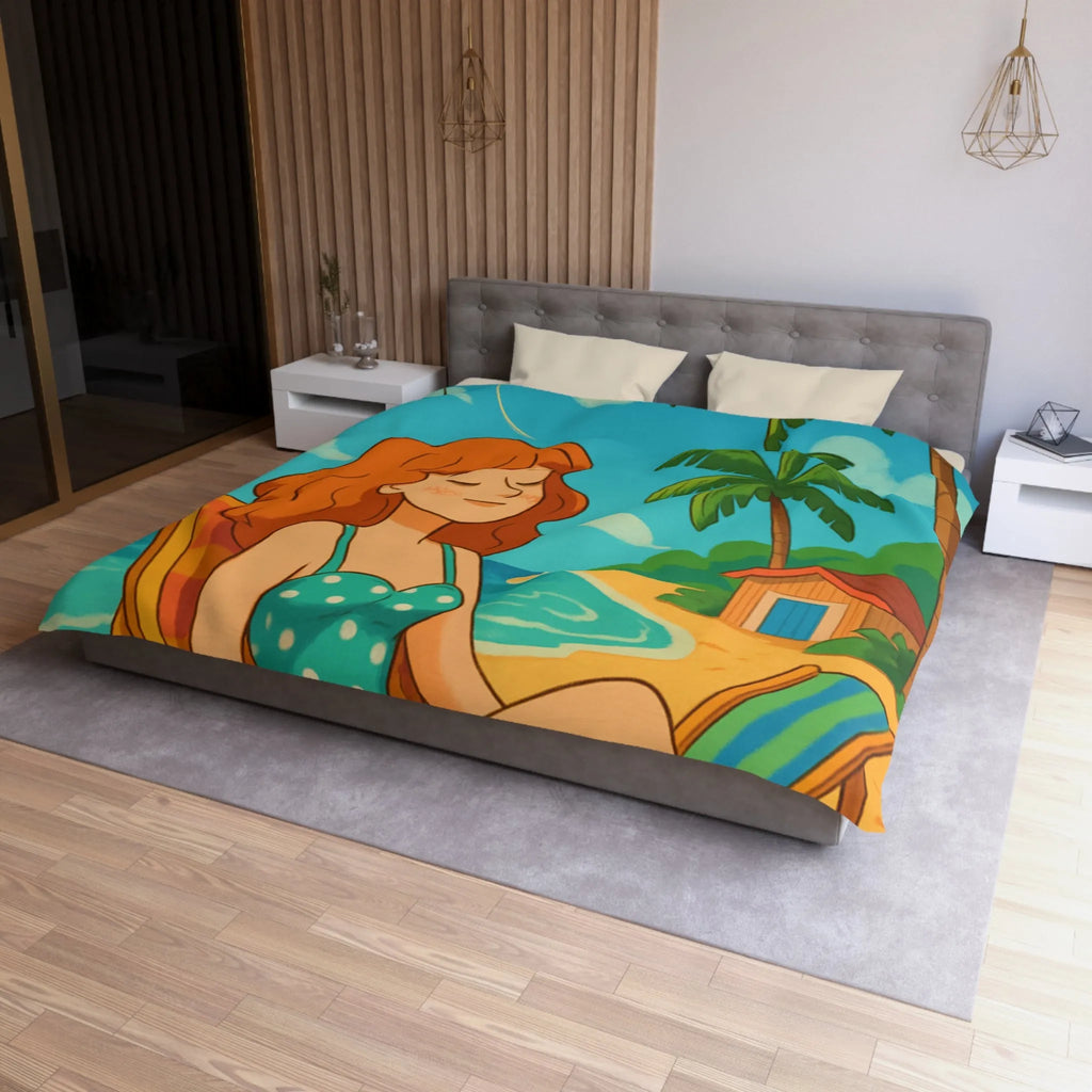 Housse de couette illustrée plage relaxante avec fille et cerf-volant coloré