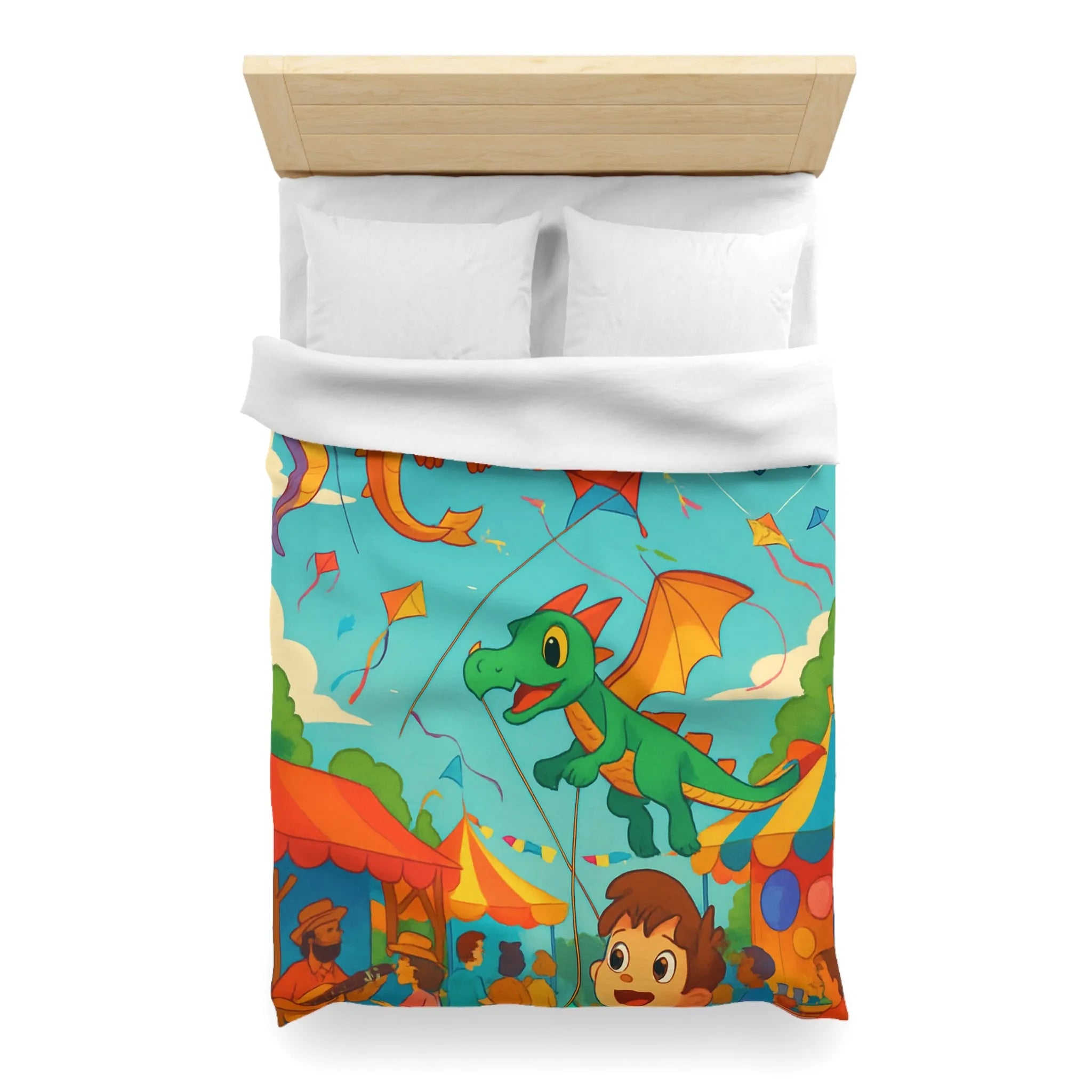 Envolée de cerfs-volants dragons et licorne sous un ciel bleu auberge festival