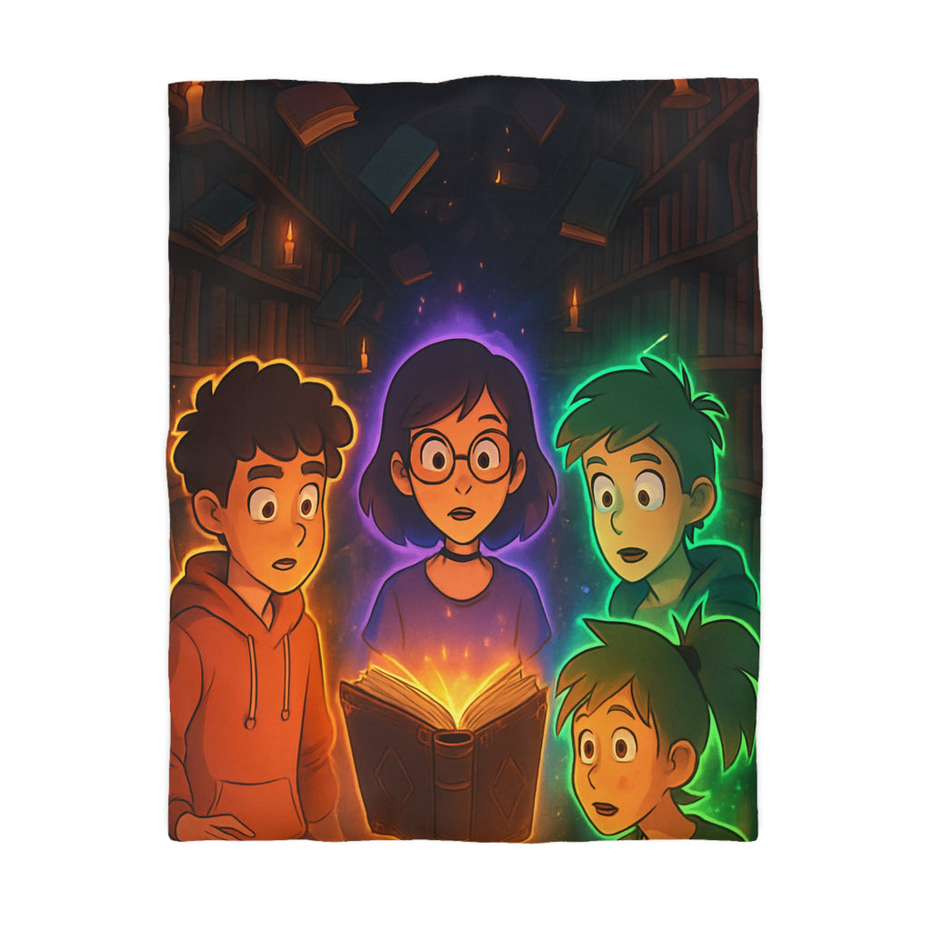 Housse de Couette Mystérieuse avec Enfants Découvrant Livre Magique dans Bibliothèque Enchantée