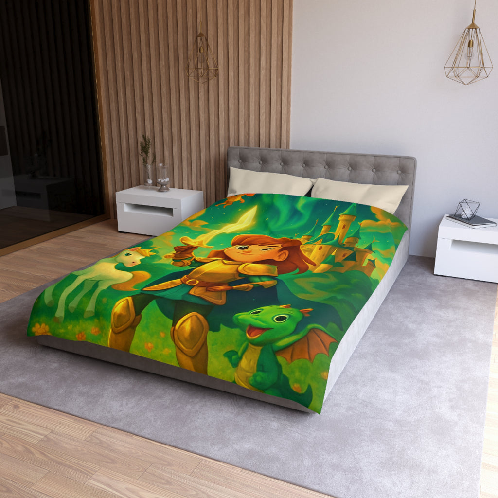 Housse de couette pour enfants avec chevalier, château et animaux fantastiques