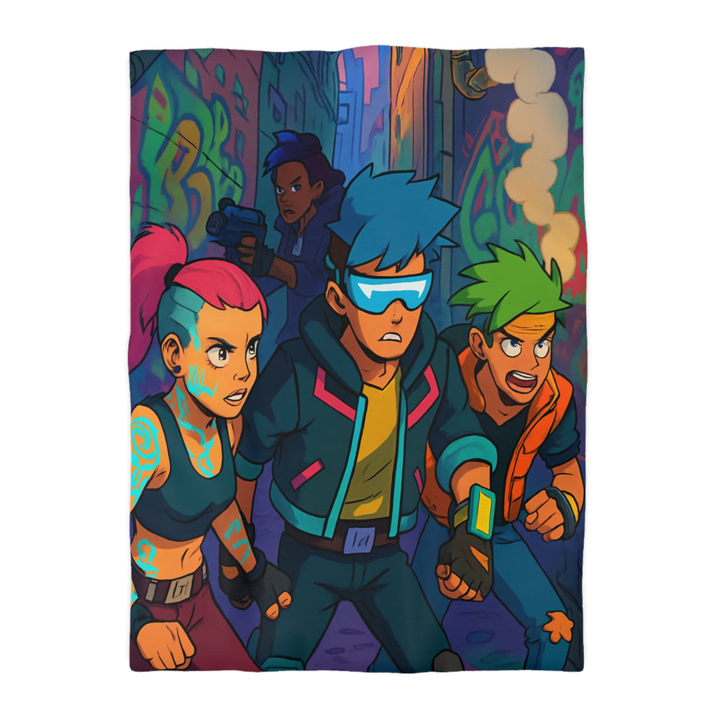 Housse de couette néon rétro avec personnages futuristes dans ruelle urbaine animée