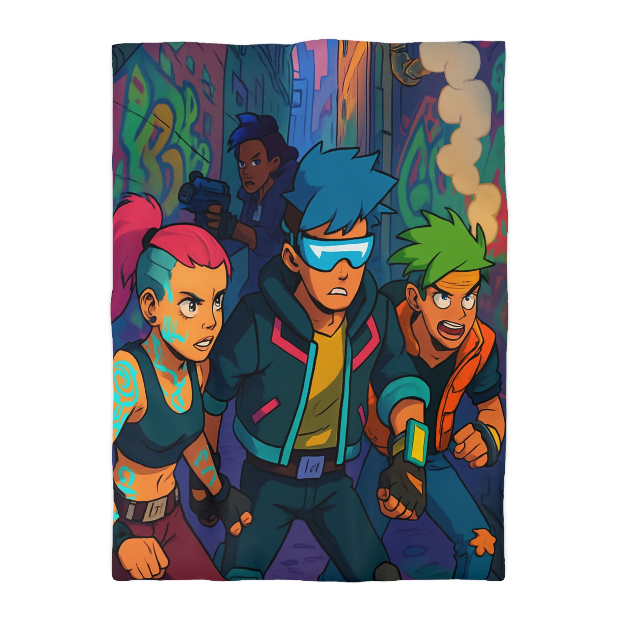 Housse de couette néon rétro avec personnages futuristes dans ruelle urbaine animée