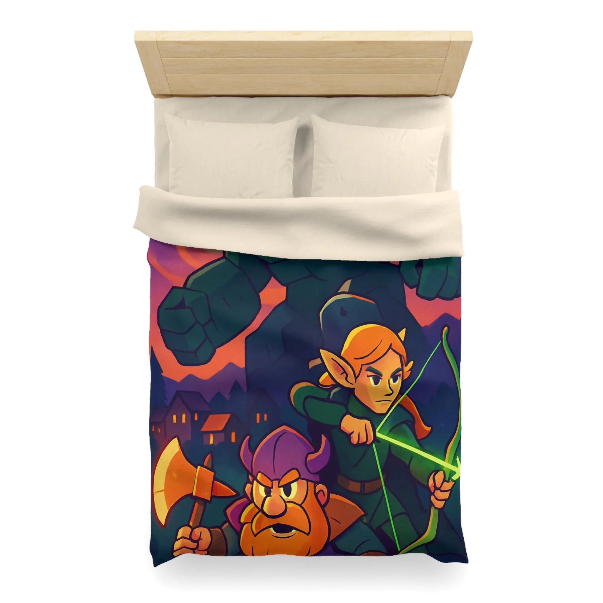 Housse de Couette Fantastique avec Guerrier, Archer et Golem sous Aurores Boréales Éclatantes