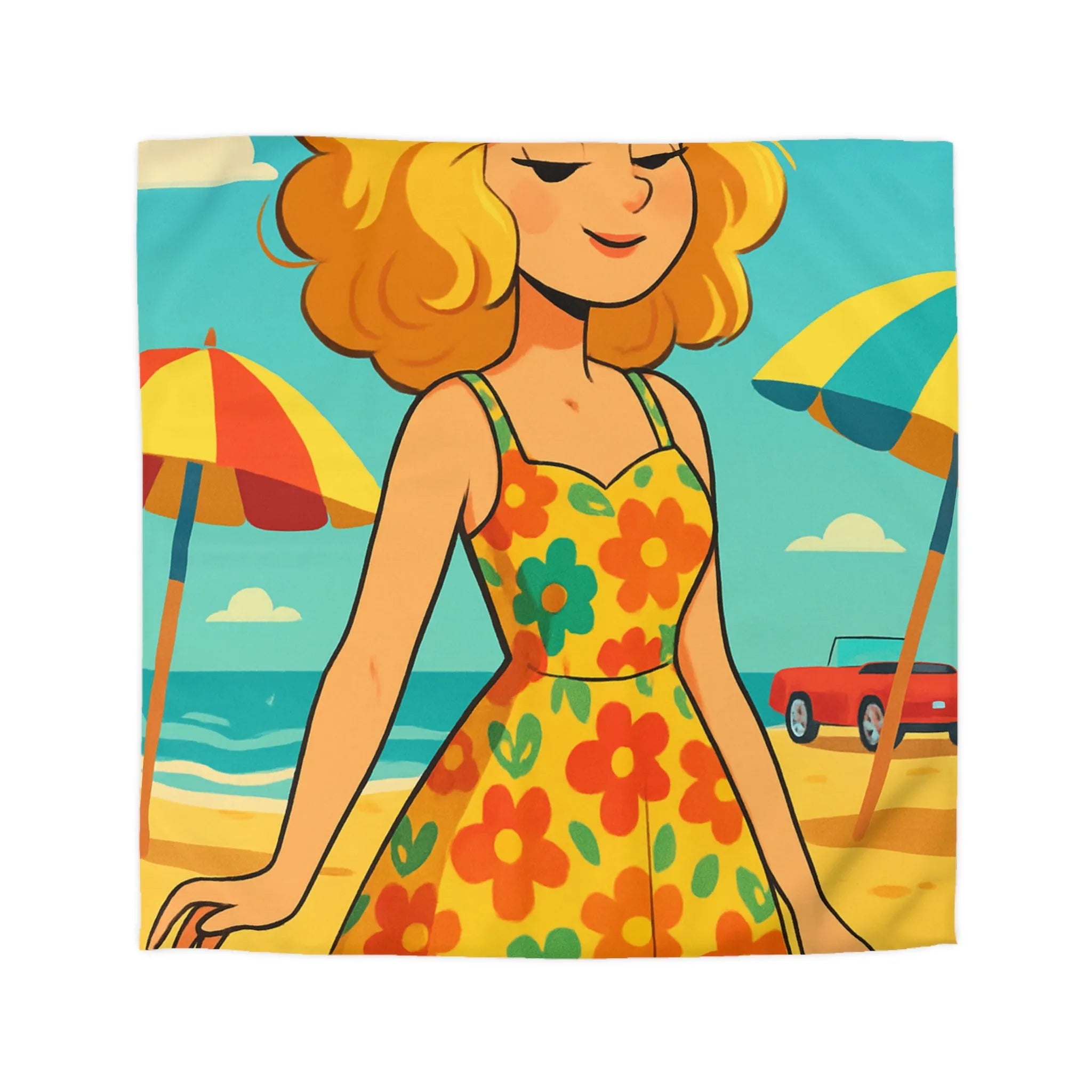 Housse de couette bohème rétro avec motif floral et ambiance plage ensoleillée