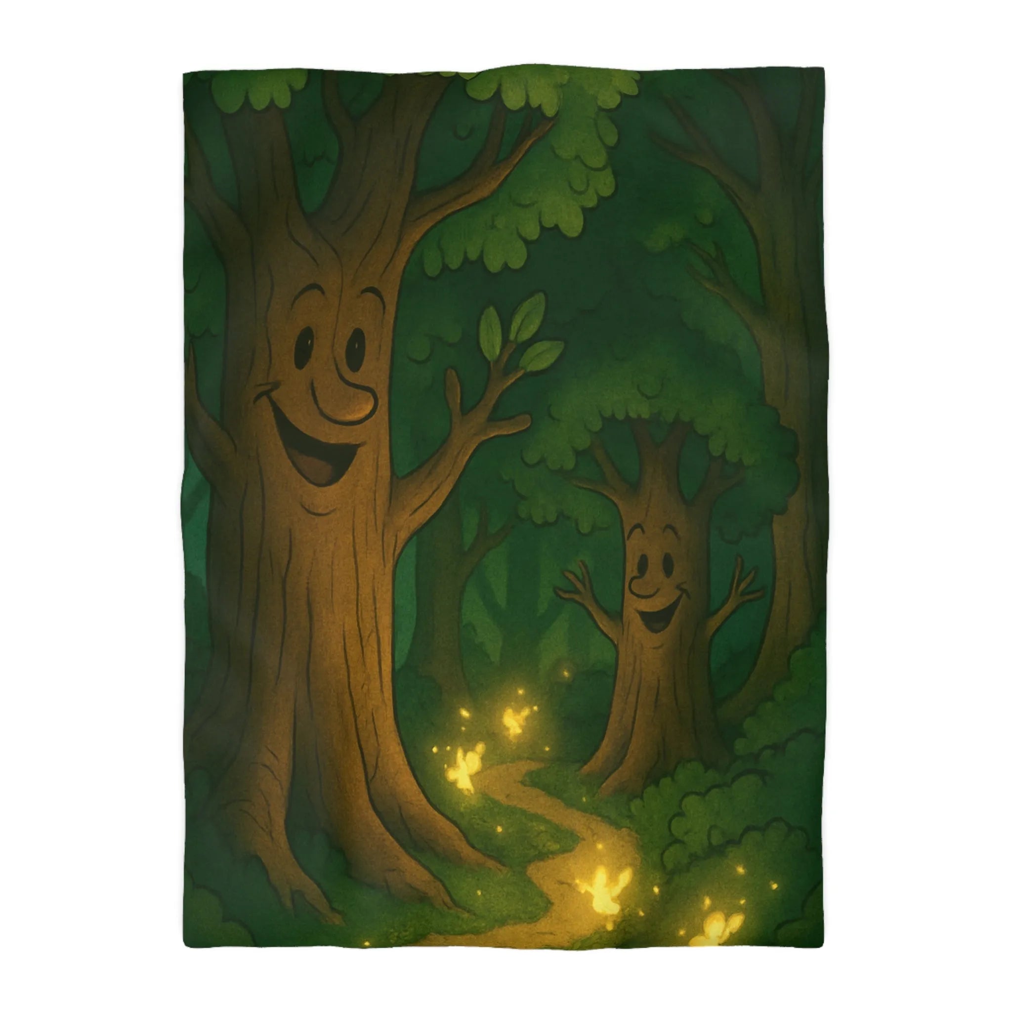 Enchanting Cartoon Forest Scene with Smiling Trees and Glowing Fireflies at Night