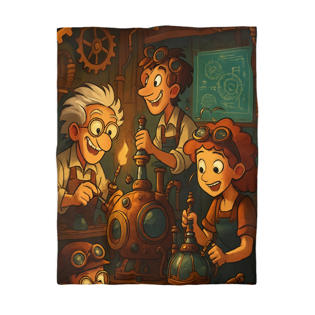 Housse de couette illustrée steampunk avec personnages inventeurs et machines dans atelier