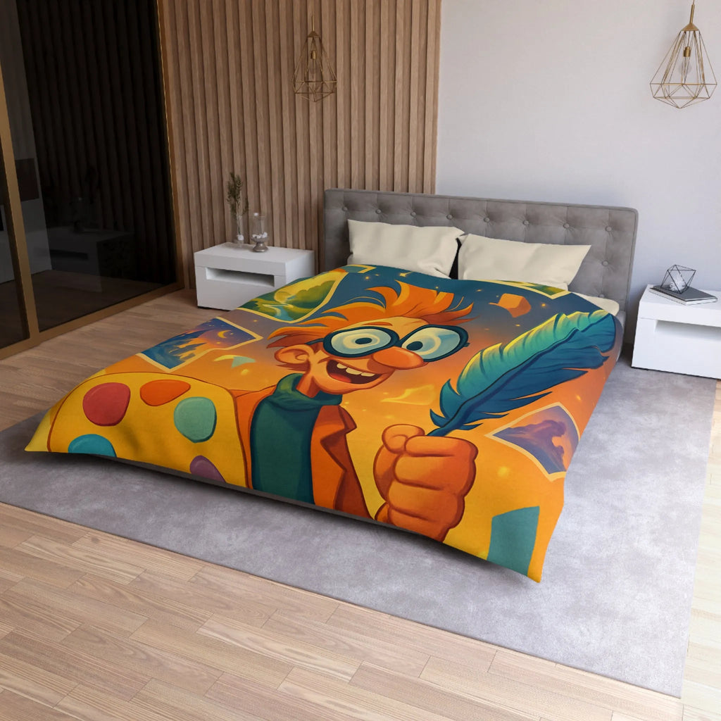 Housse de couette colorée avec paysage de conte de fées et artiste joyeux