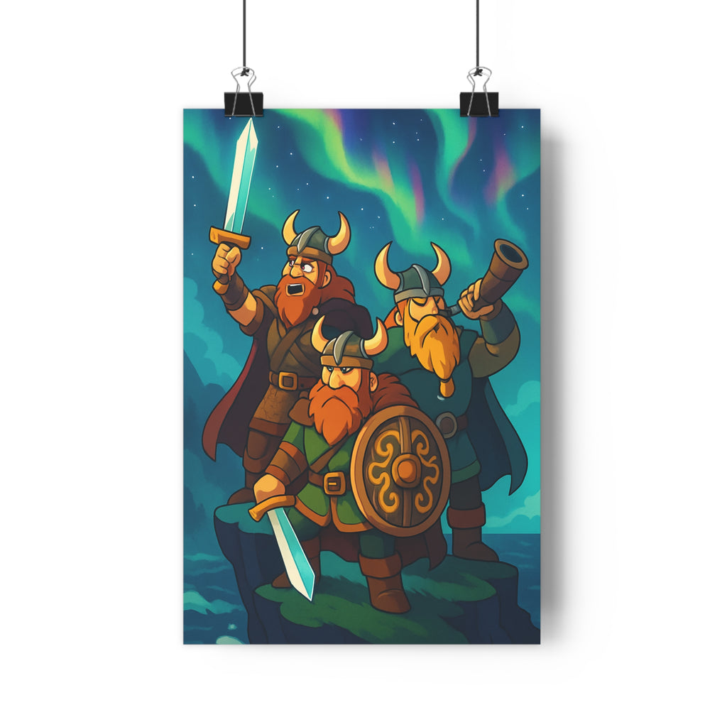 Poster décoratif cartoon épique vert bleu aventure bureau chambre guerriers nordiques format 30x46 cm