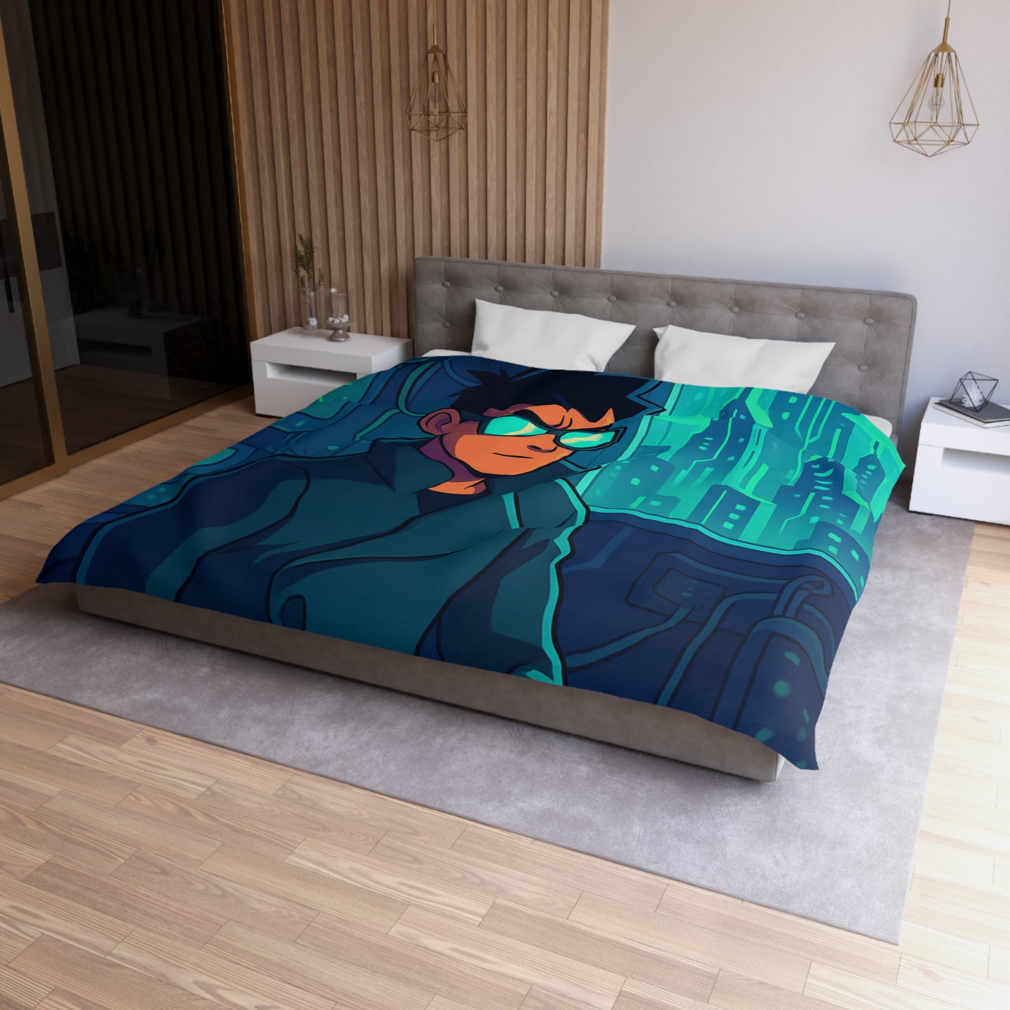 Housse de couette urbaine homme élégant en manteau dans appartement futuriste avec écran