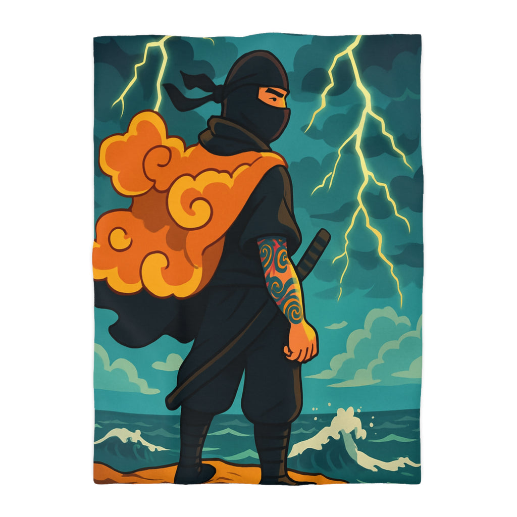 Housse de couette ninja contemplatif sur falaise, orage aux éclairs dramatiques