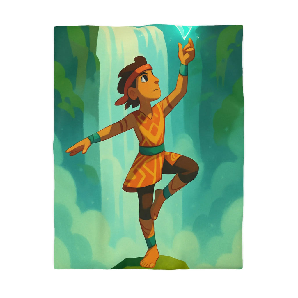 Housse de couette avec motif aventureux illustrant cascade et cristal lumineux vibrant