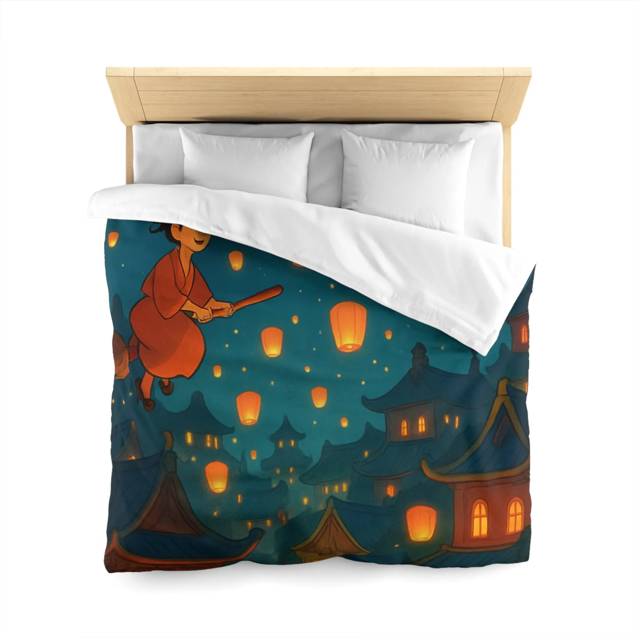 Housse de Couette Magique avec Sorcières Volantes et Lanternes dans le Ciel Nocturne