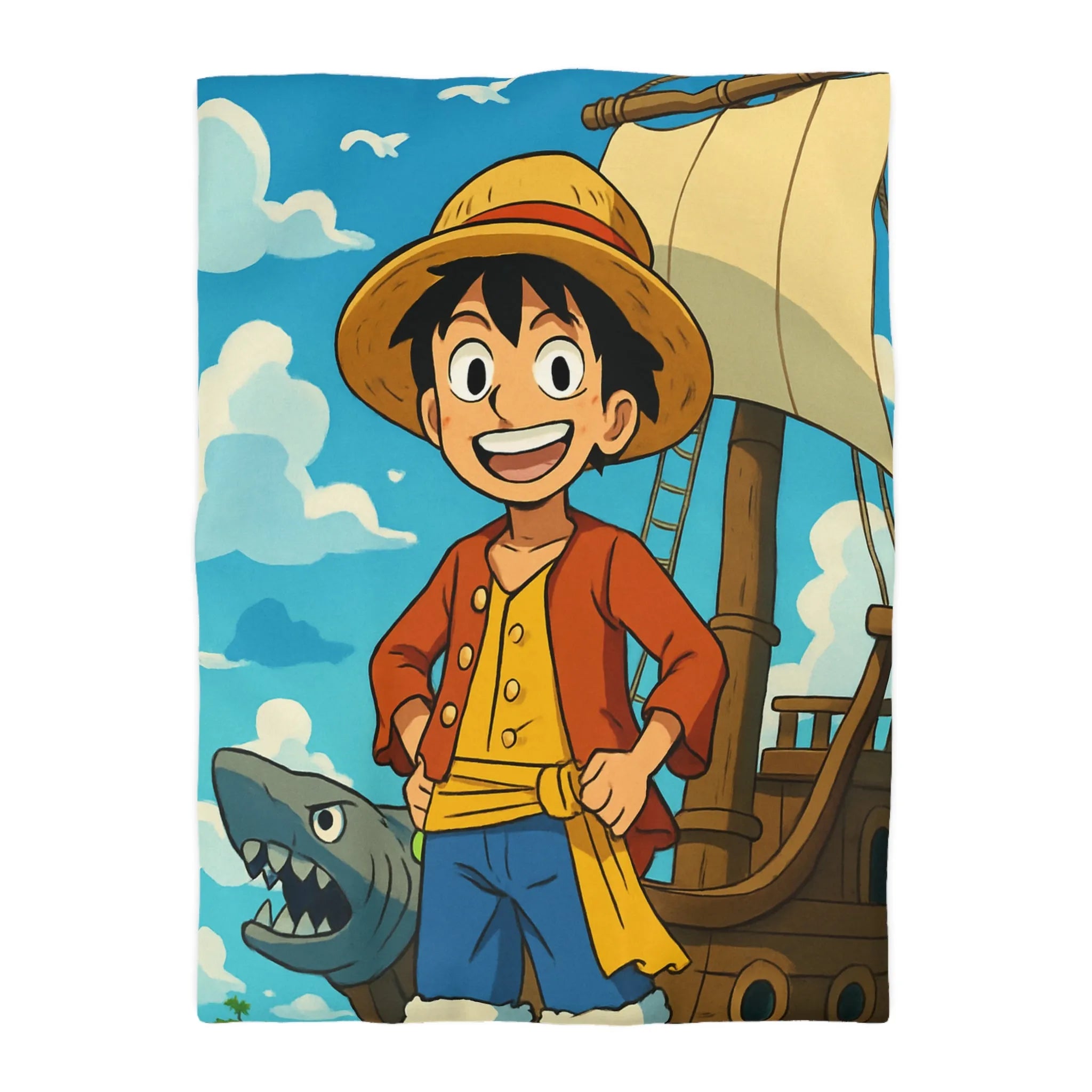 Housse de Couette Anime Pirate Enfant Aventure Bateau Mer Ciel Bleu Nuages