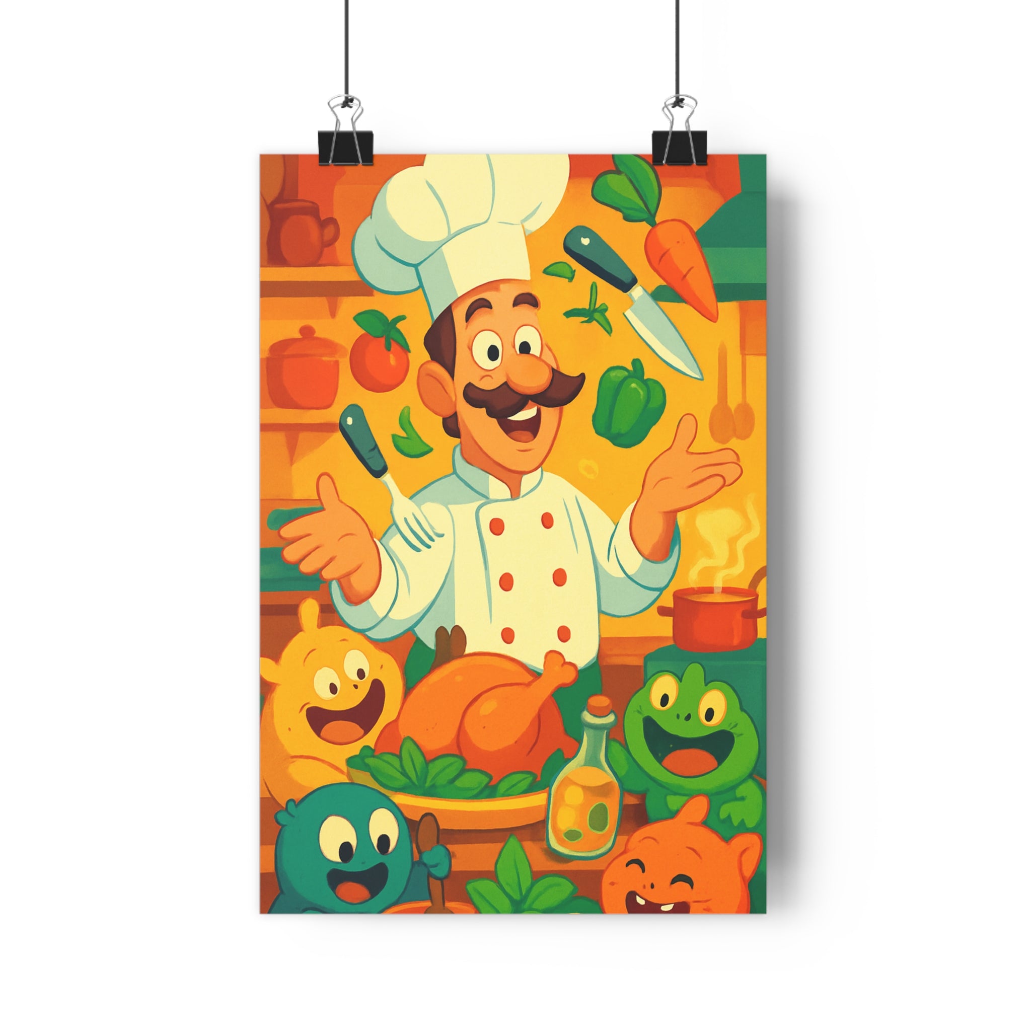 Poster décoratif cartoon chef cuisine joyeux festif orange vert cuisine enfant magique ludique vibrant