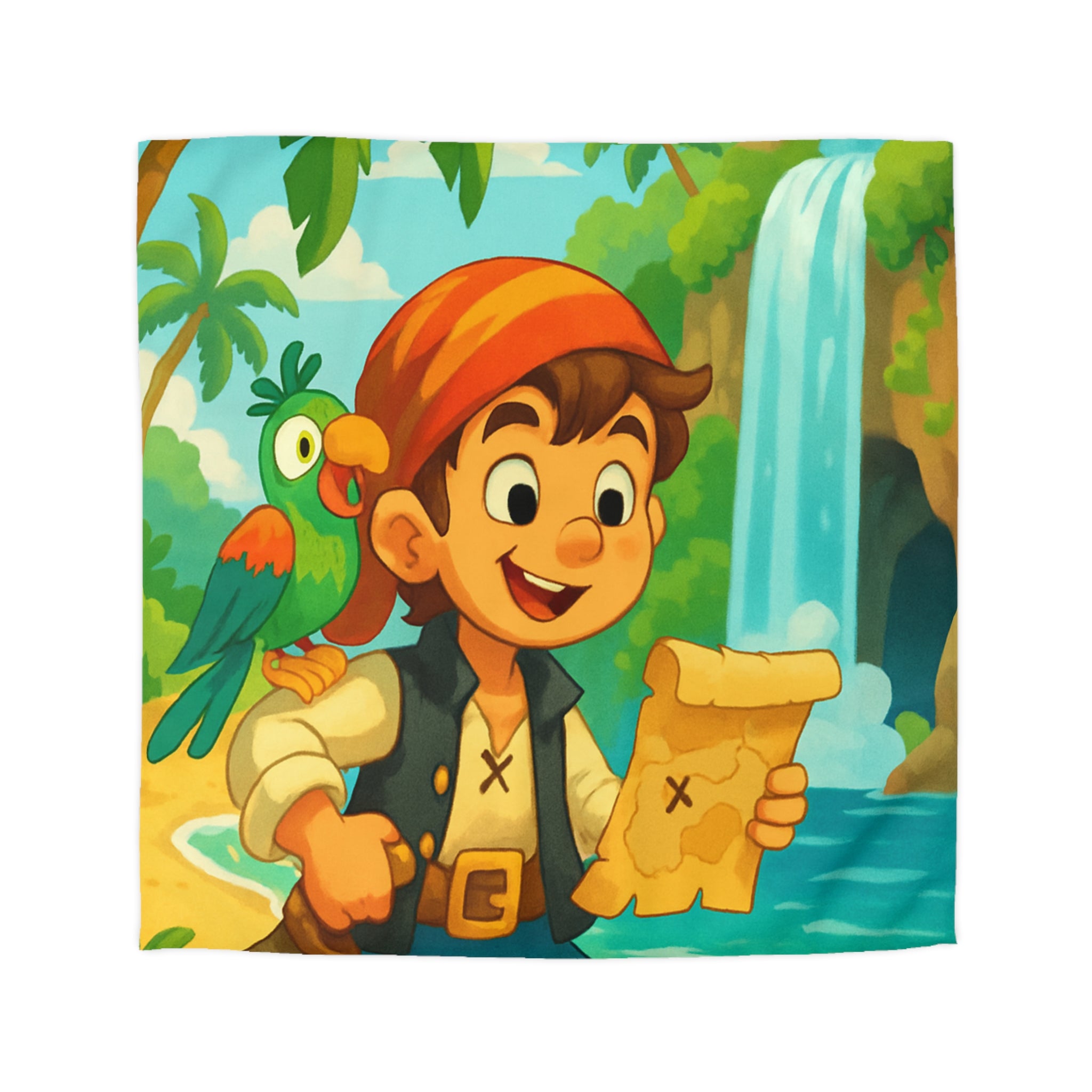 Housse de Couette Pirate Enfantine avec Perroquet, Carte au Trésor, Cascade et Plage