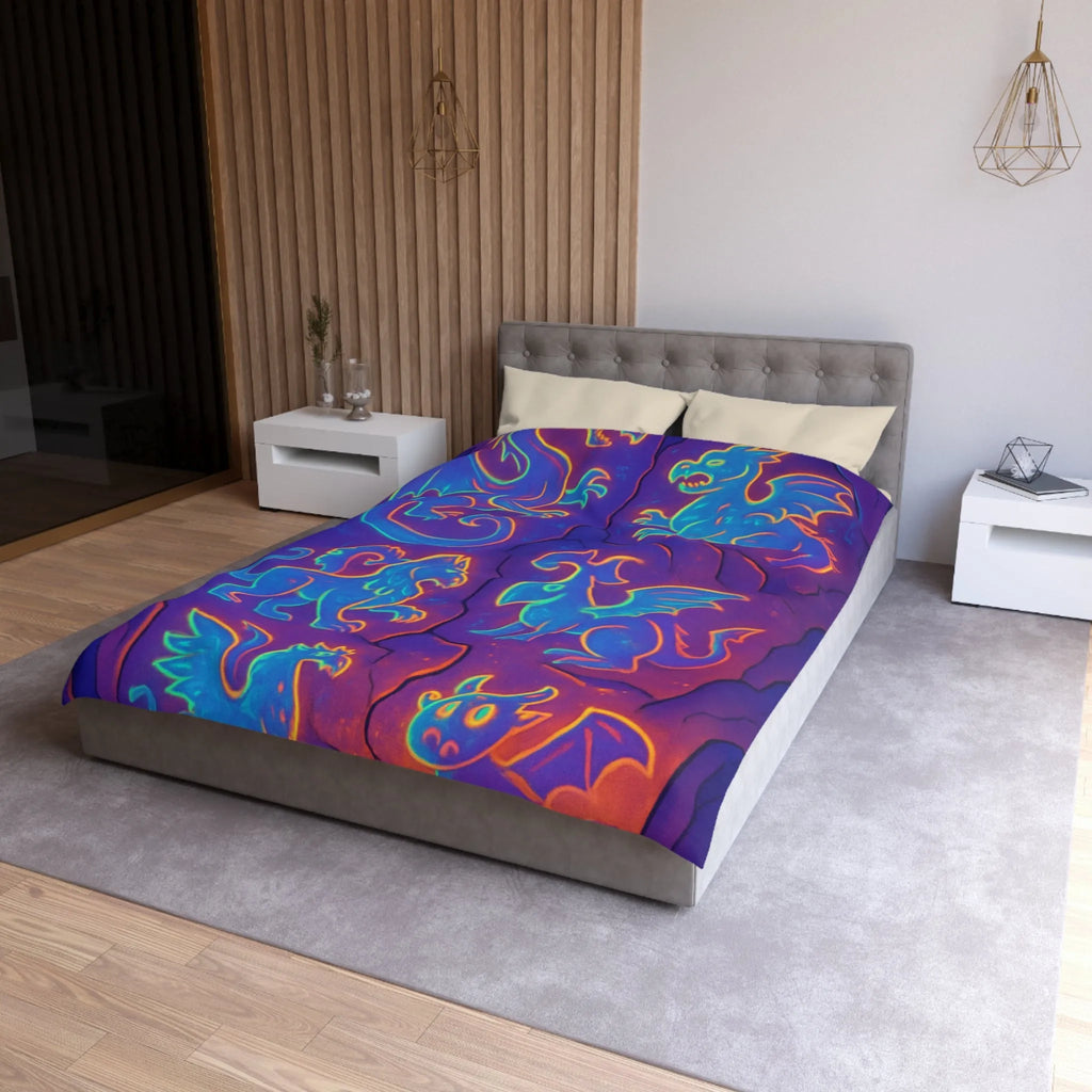 Housse de Couette Fantastique avec Dragons Lumineux en Style Néon Bleu et Orange