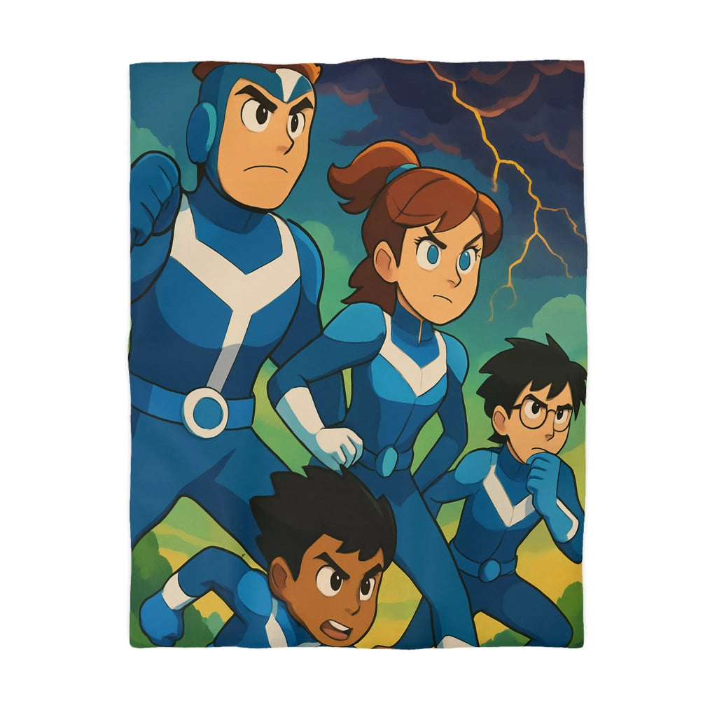 Housse de couette aventure : personnages animés et ciel orageux captivant pour chambre dynamique