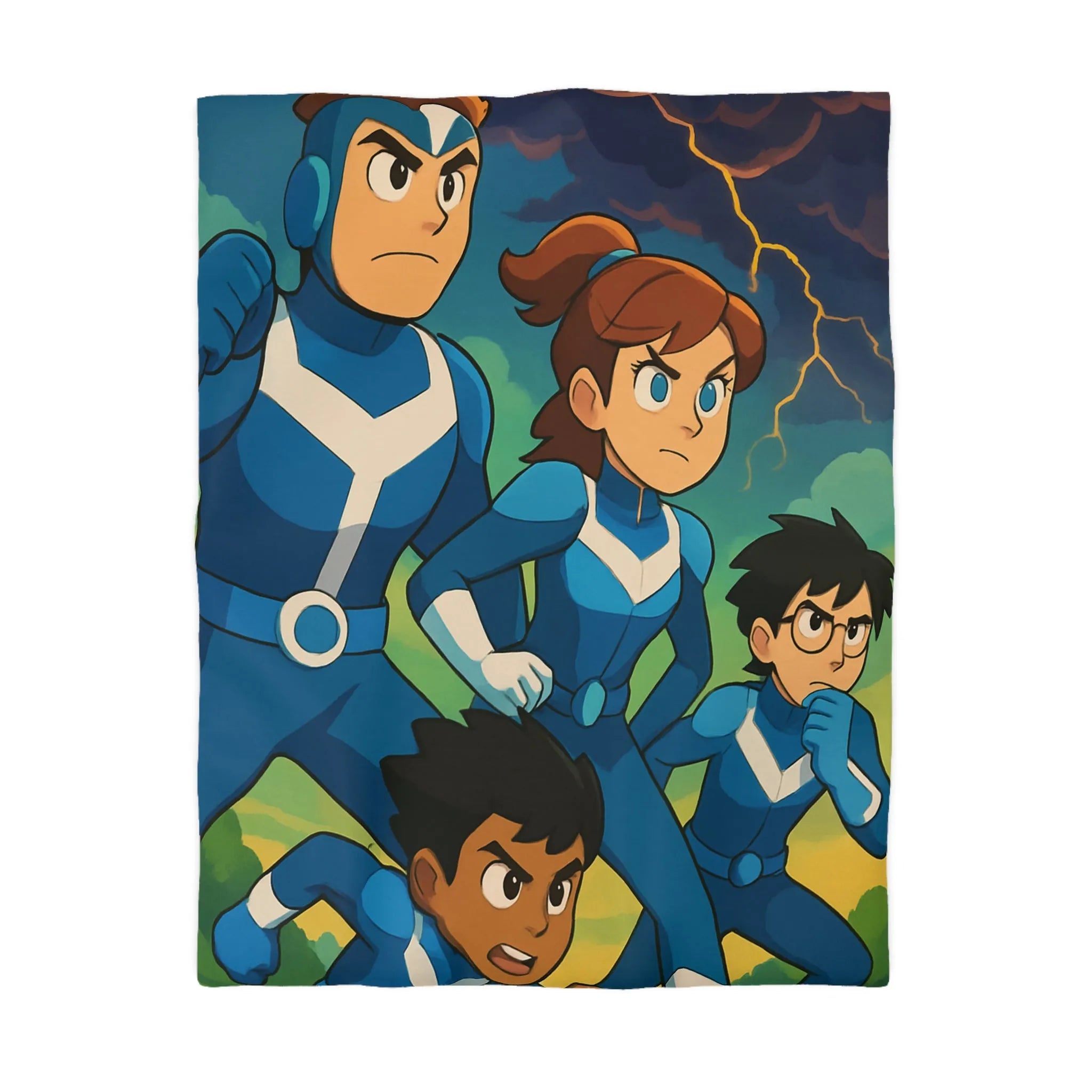 Housse de couette aventure : personnages animés et ciel orageux captivant pour chambre dynamique