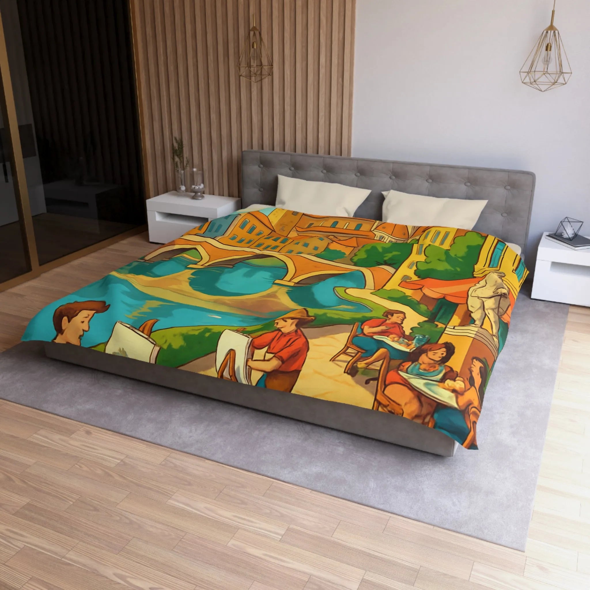 Housse de couette inspirée de ville artistique avec pont et cathédrale colorée