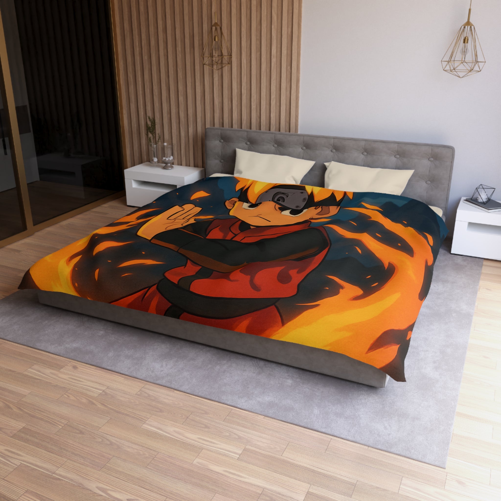 Housse de couette stylée avec enfant maîtrise le feu sous une pleine lune mystique