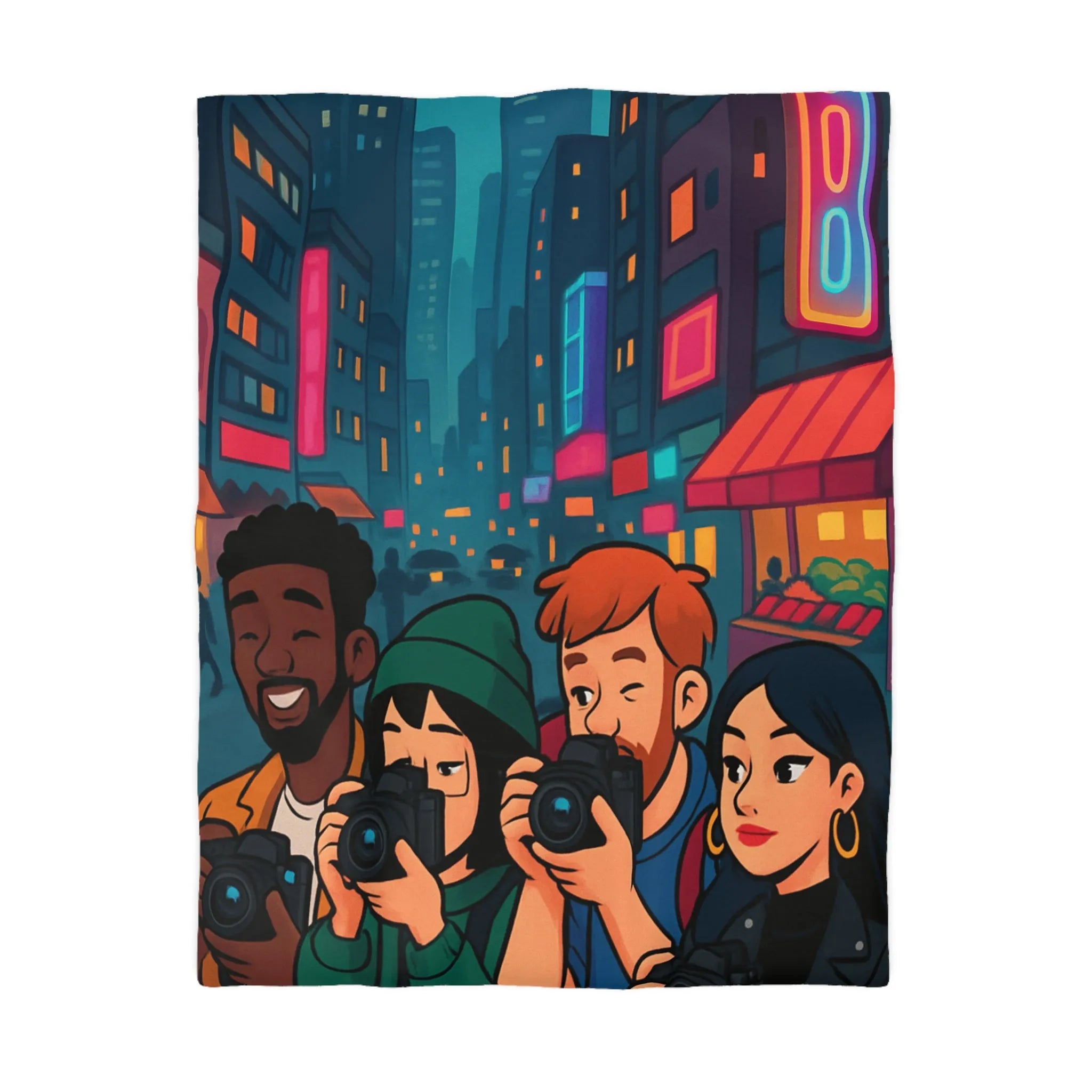 Housse de couette avec photographe urbain, design moderne et ambiance néon vibrante