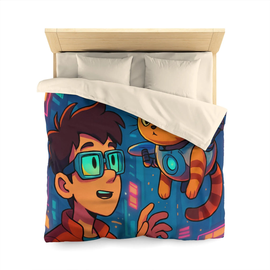 Housse de couette enfants style futuriste avec garçon et chat dans ville cyber
