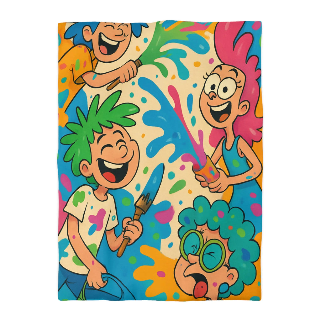 Housse de couette colorée pour enfants avec personnages joyeux et éclaboussures de peinture