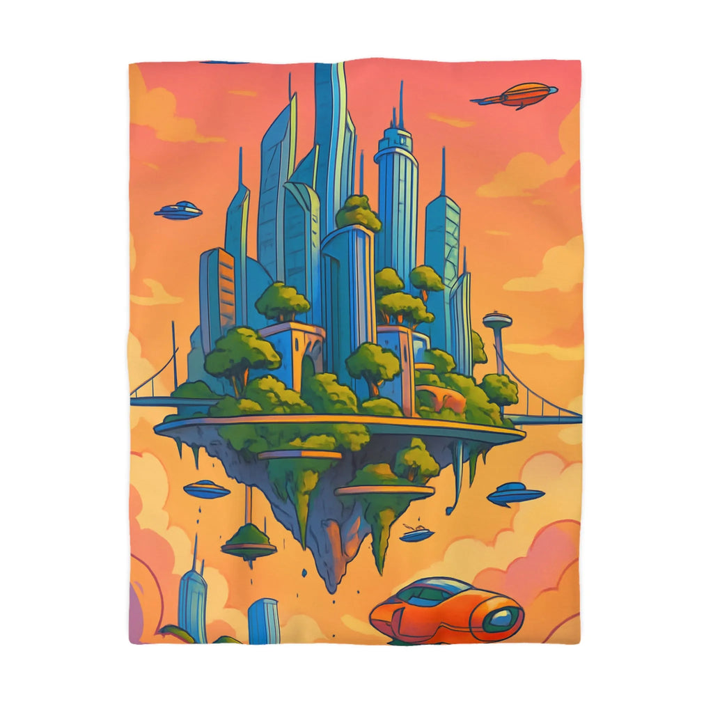 Housse de couette futuriste avec cité flottante et paysages aéronautiques colorés et modernes