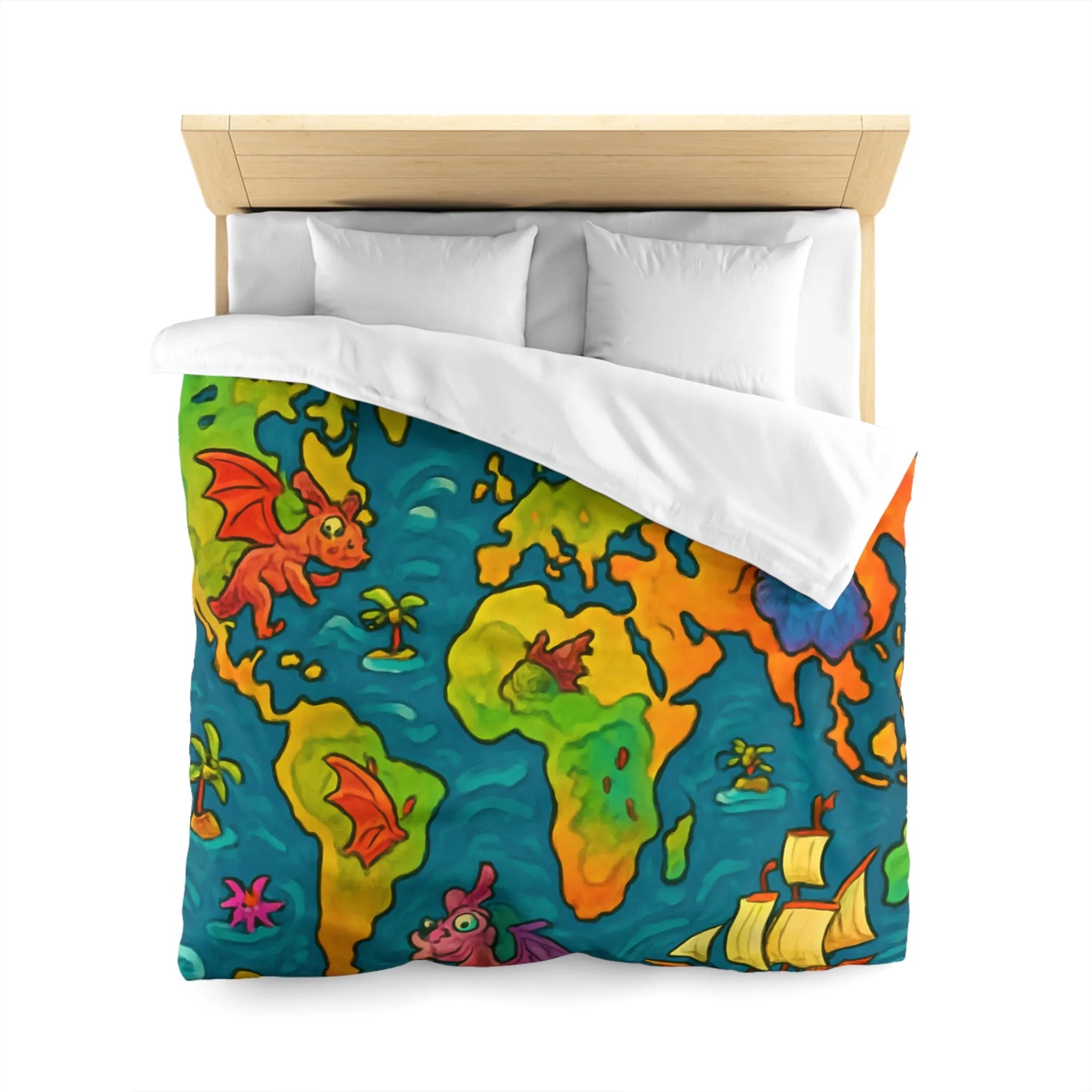 Housse de couette carte monde fantastique avec dragons et bateaux pour enfant