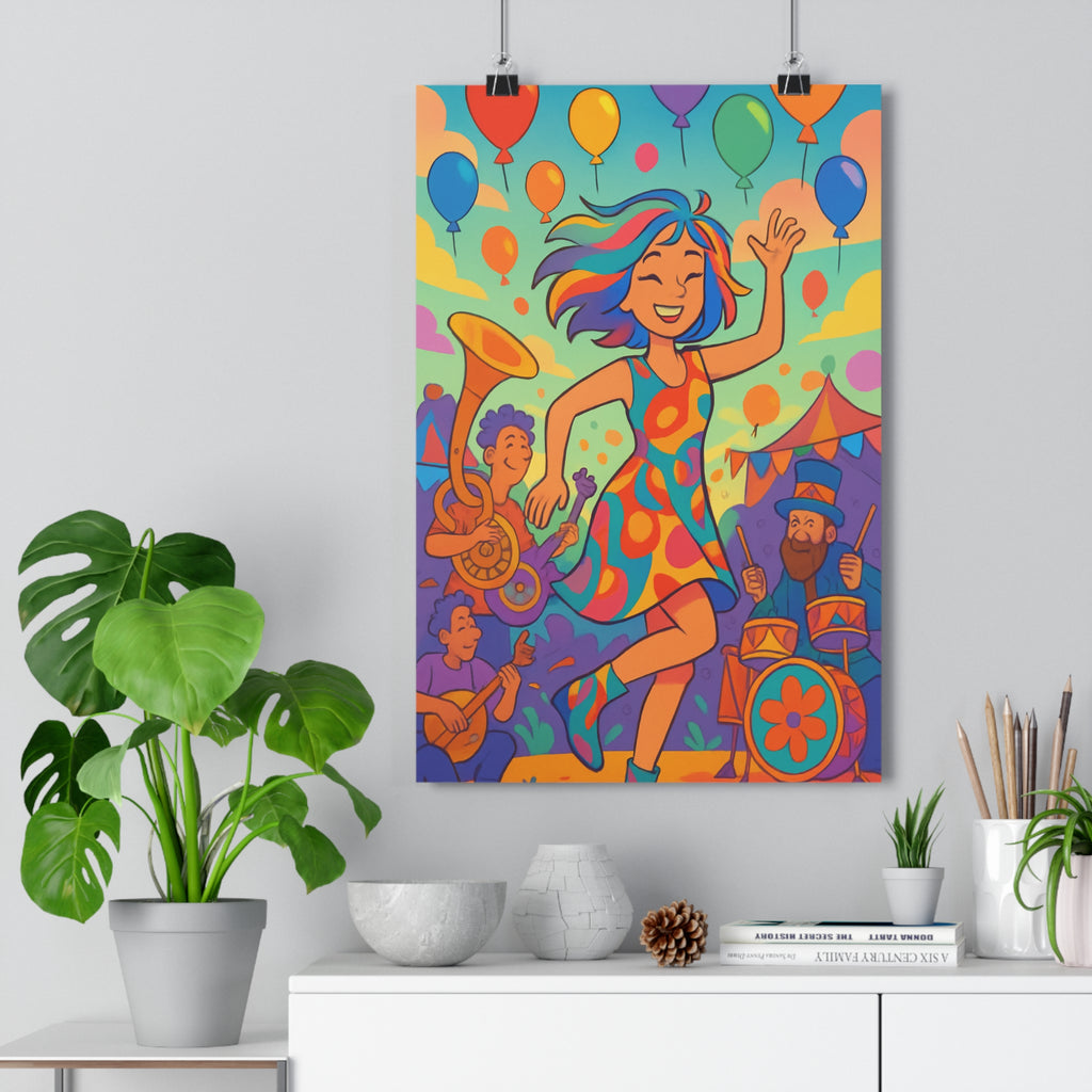 Poster décoratif coloré psychédélique joyeux danse musique enfant chambre vibrant moderne trompette ballon dynamique