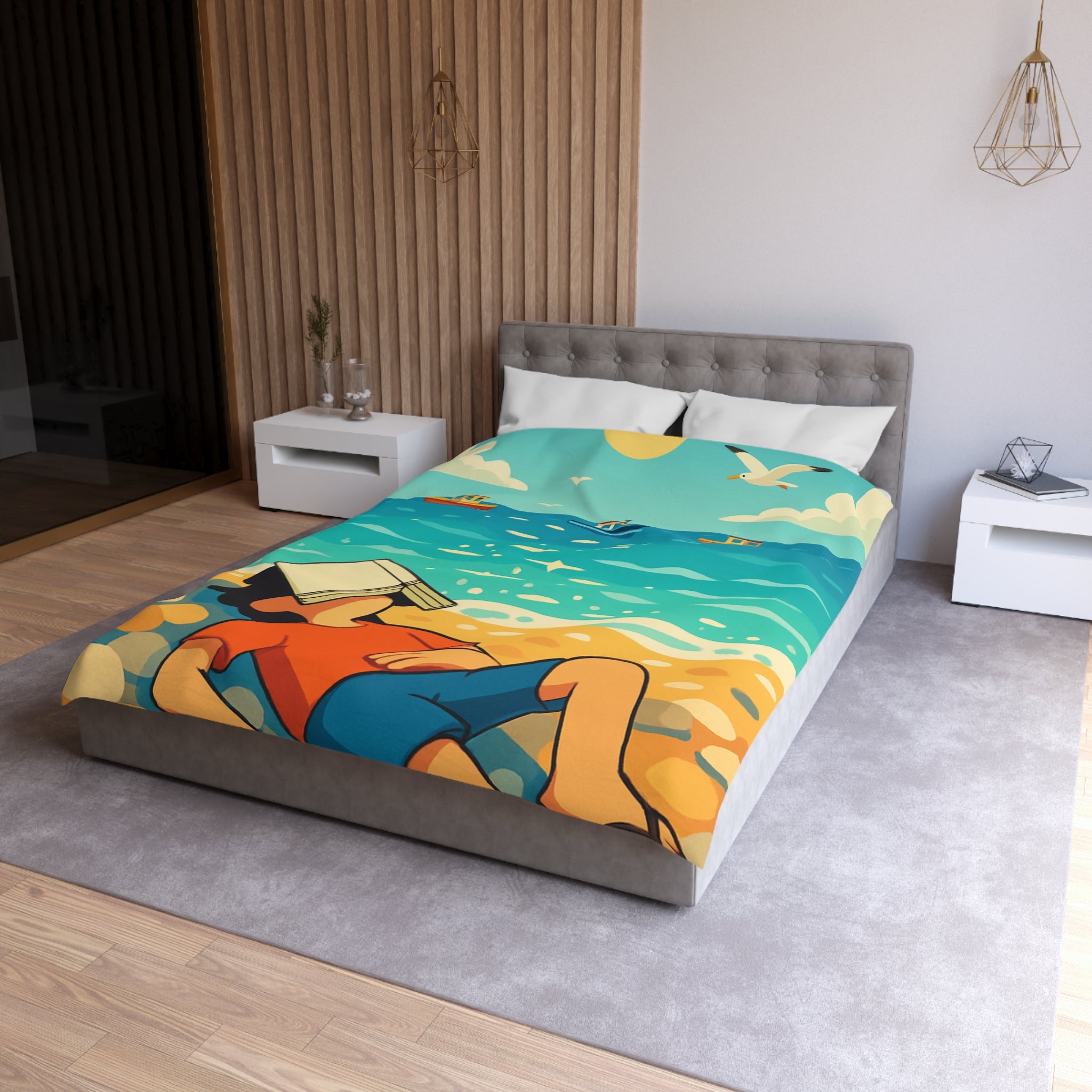 Housse de couette plage relaxante avec enfant, livre et mouettes en été ensoleillé