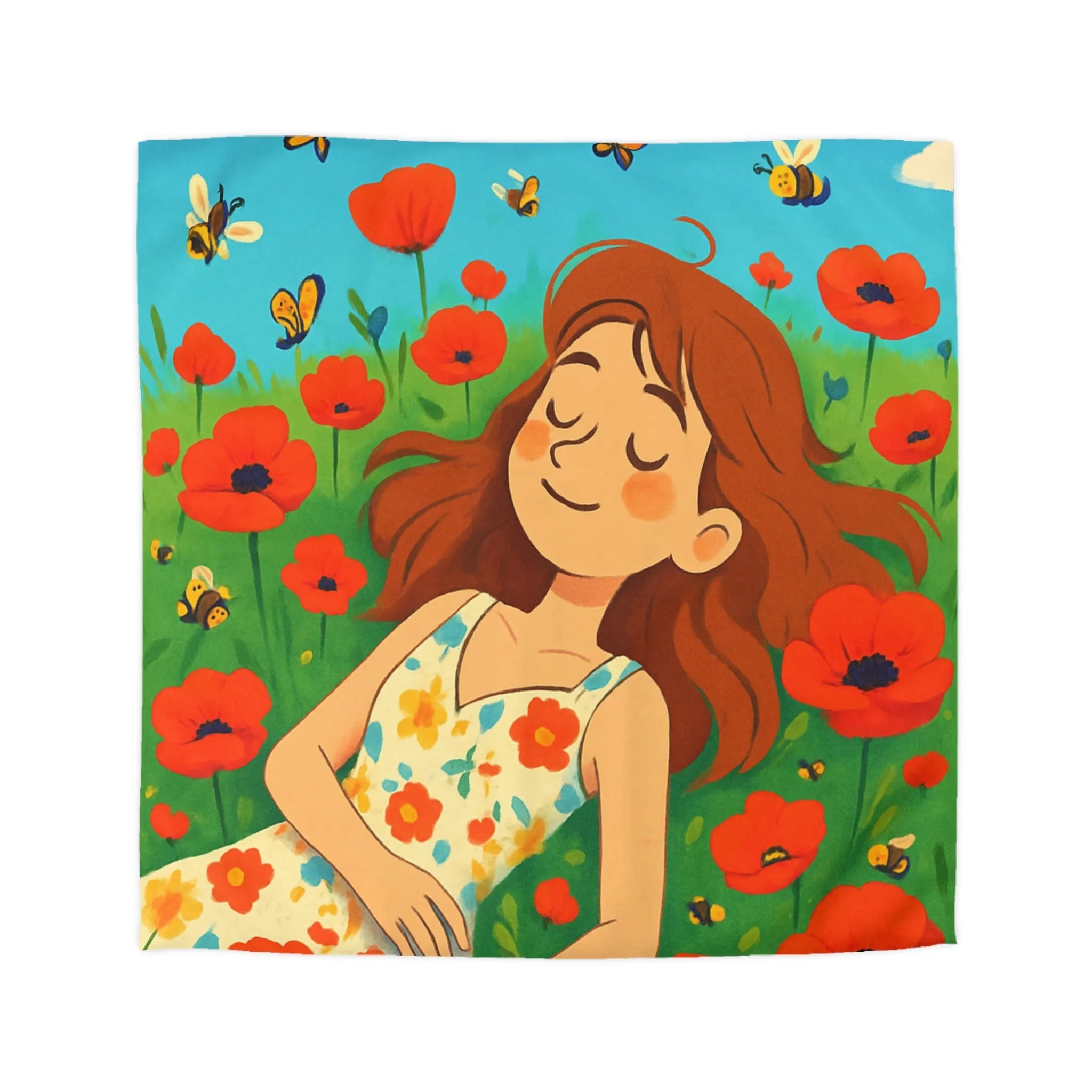 Housse de couette colorée avec motif floral et personnage rêveur en été ensoleillé