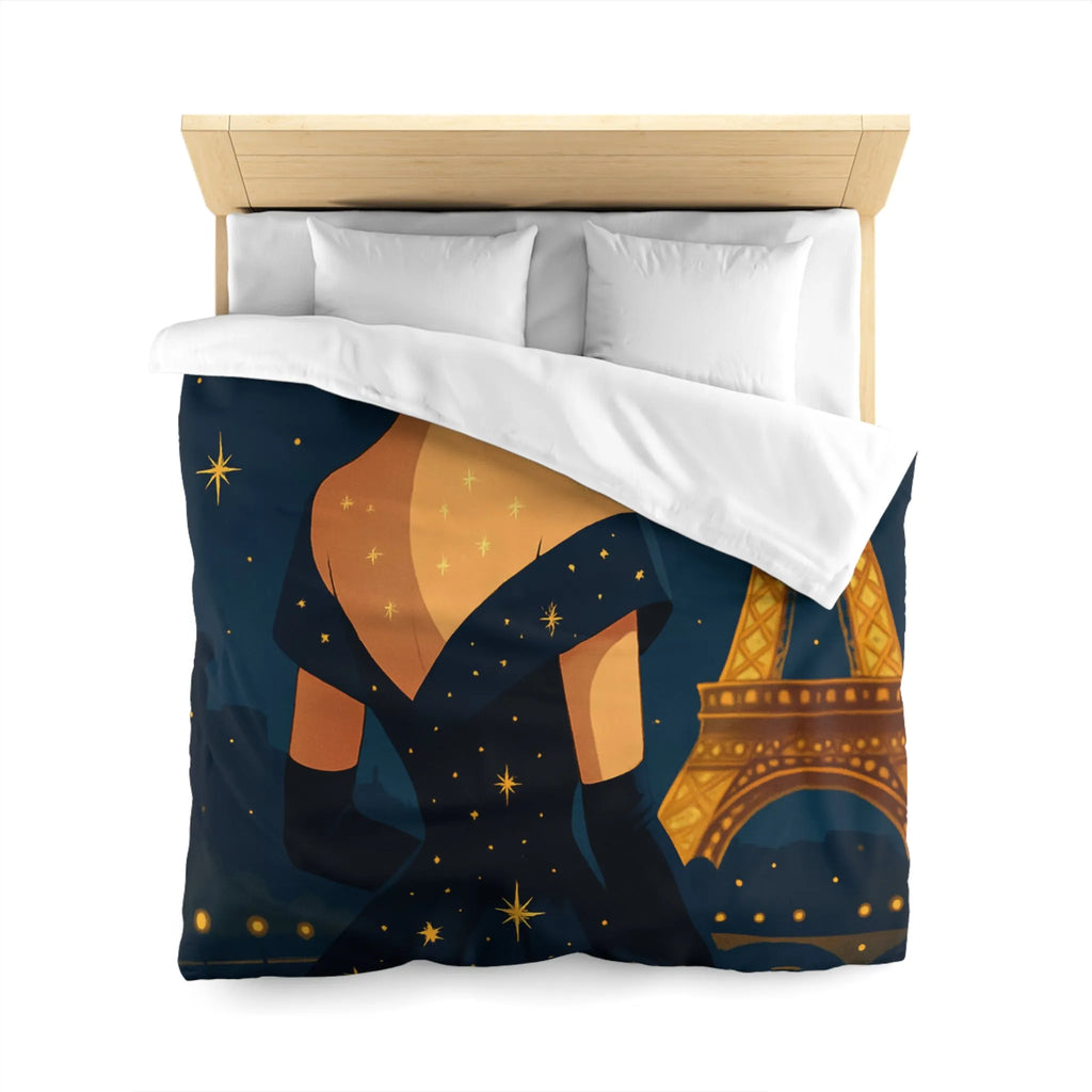 Élégante illustration nocturne femme en robe étoilée avec Tour Eiffel lumineuse