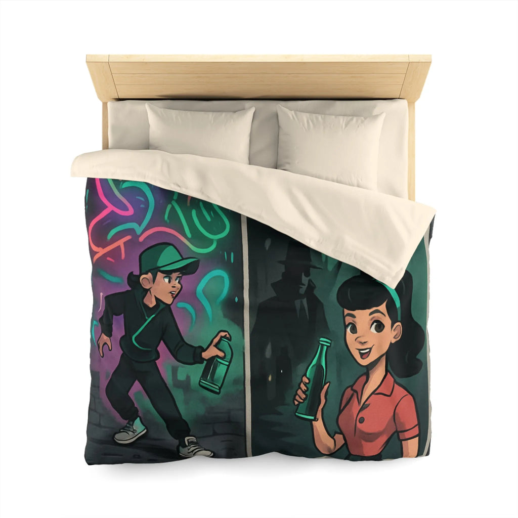 Housse de couette illustrée avec scène de rue colorée et personnages mystérieux