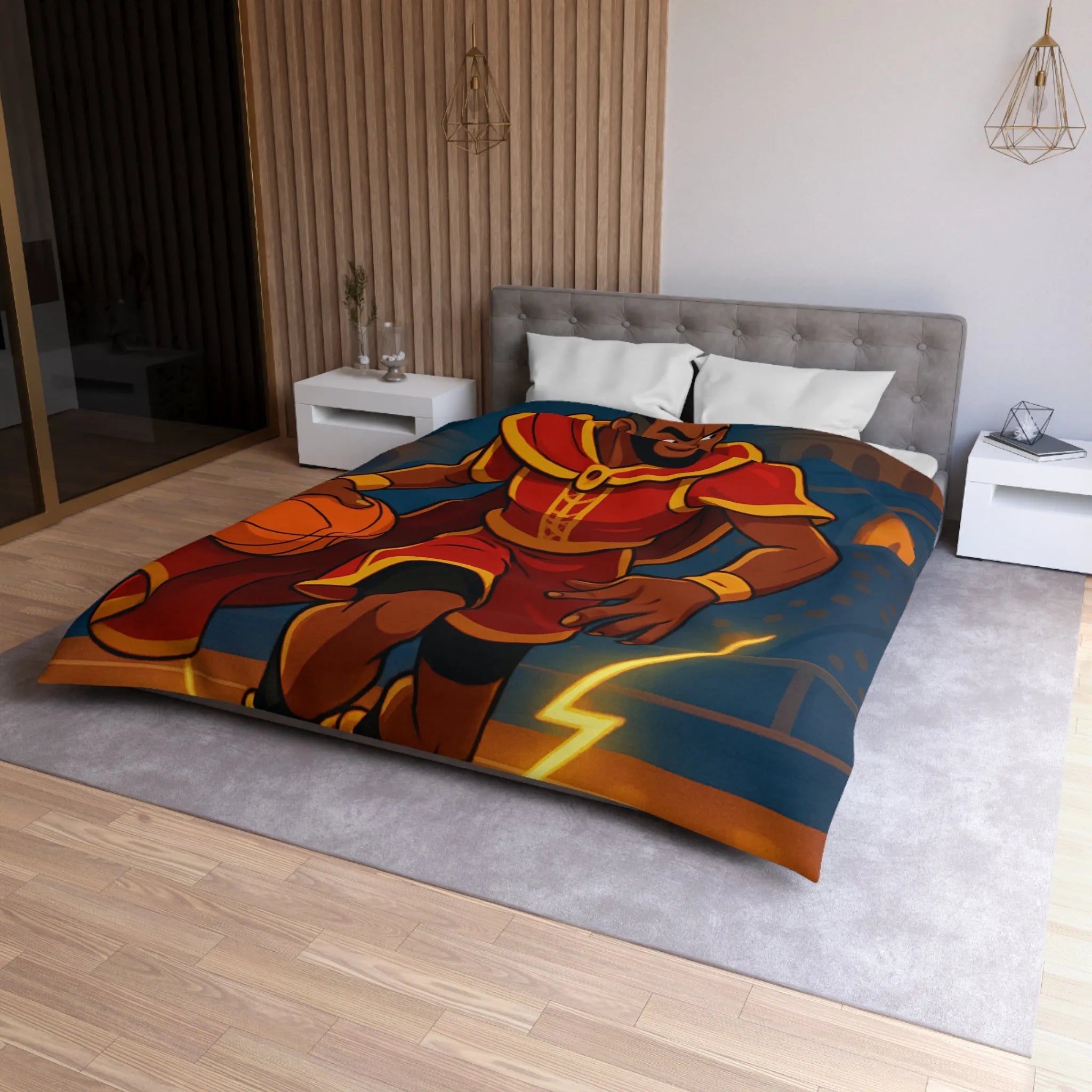 Athlète en Action avec Ballon de Basket dans Arène Lumineuse - Motif Royauté