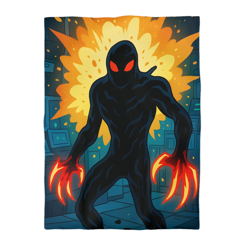Housse de couette sombre avec créature enflammée aux griffes lumineuses