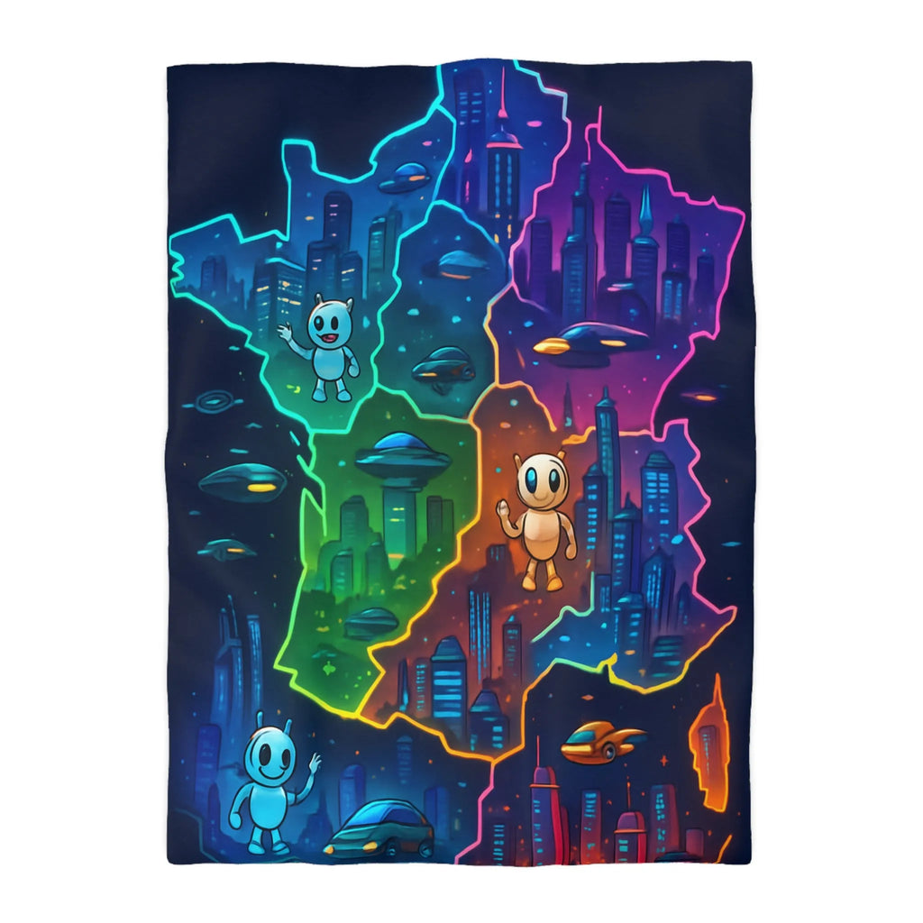 Carte de France futuriste colorée avec robots et OVNIs sur une housse de couette unique