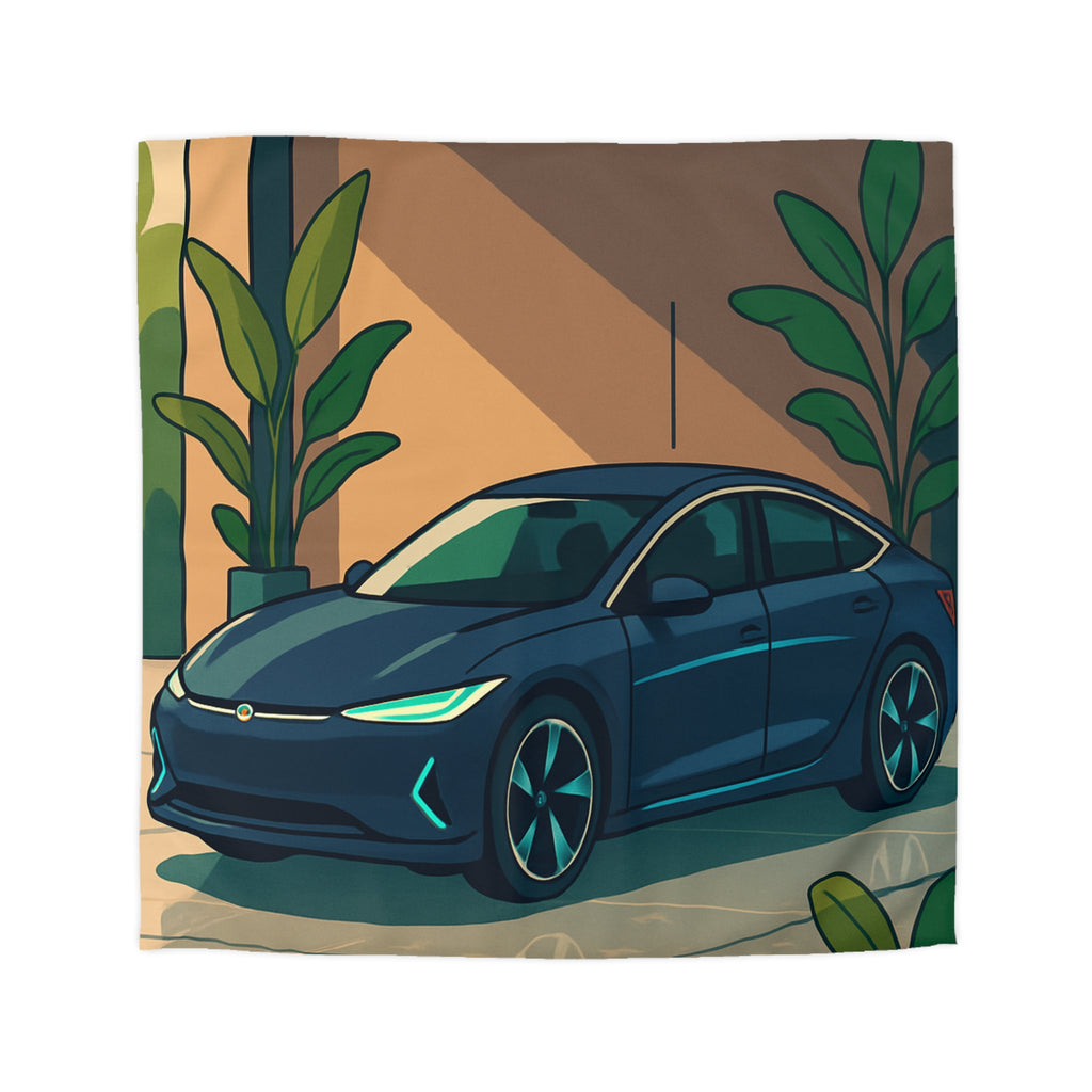 Housse de Couette Moderne avec Voiture et Plantes Vertes pour Design Chic Urbain