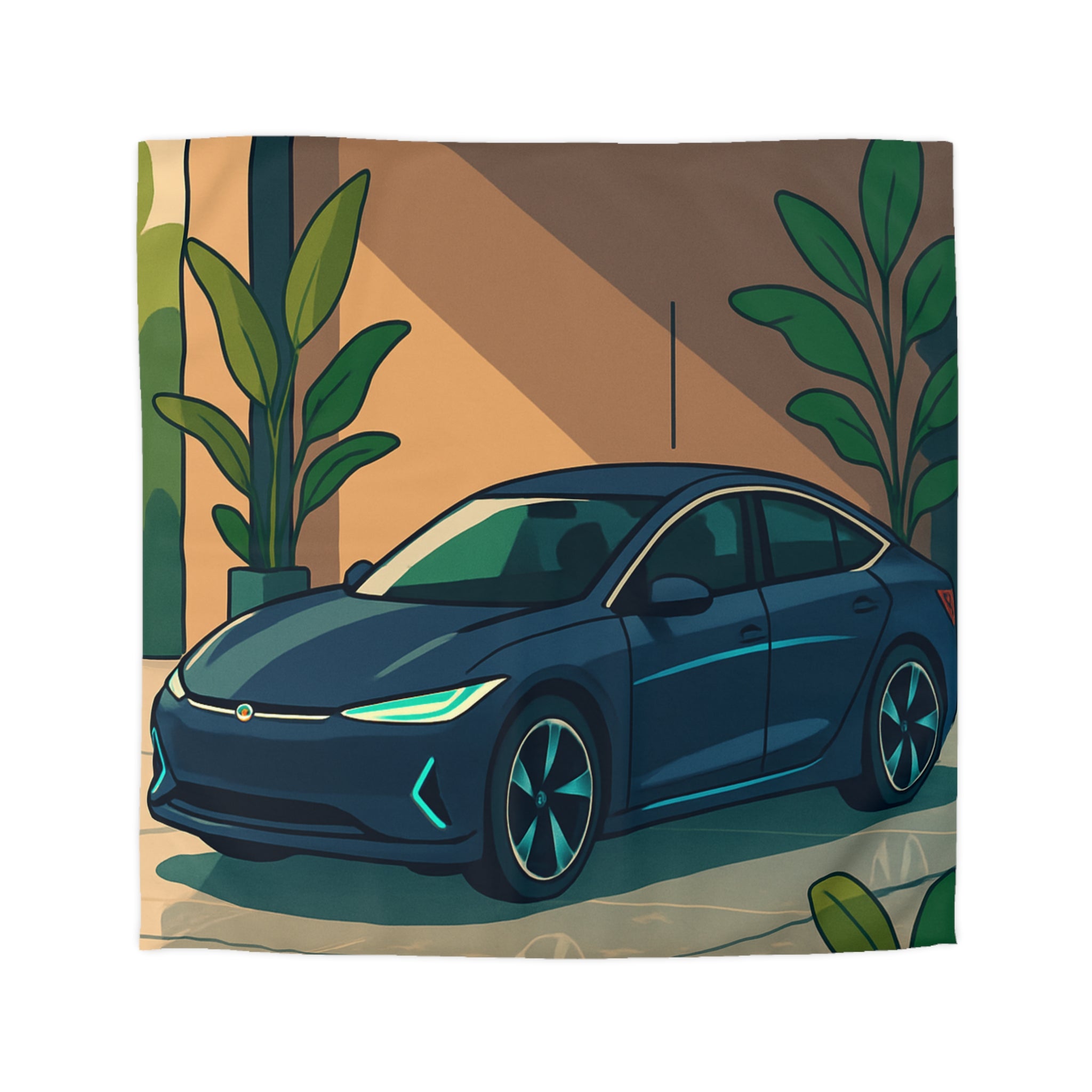 Housse de Couette Moderne avec Voiture et Plantes Vertes pour Design Chic Urbain