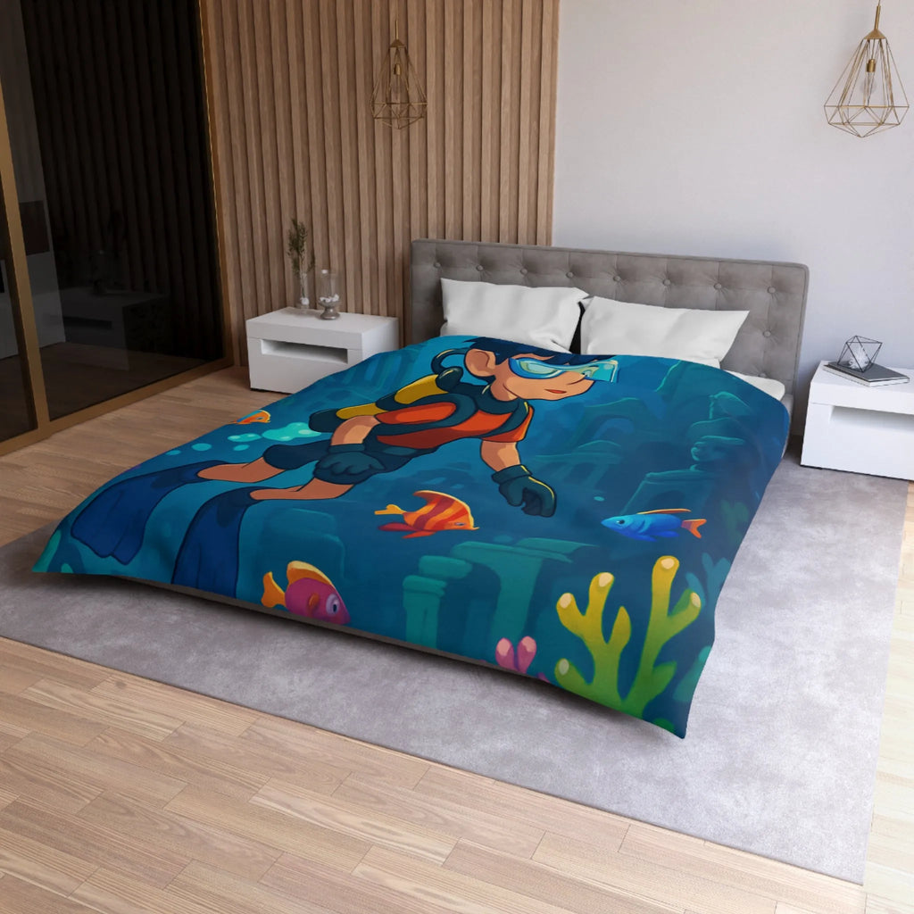 Housse de couette colorée avec plongeur et ruines sous-marines, poissons tropicaux vibrants