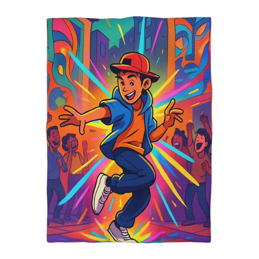 Housse couette street dance couleur vive, ambiance urbaine, dessin dynamique jeune garçon joyeux