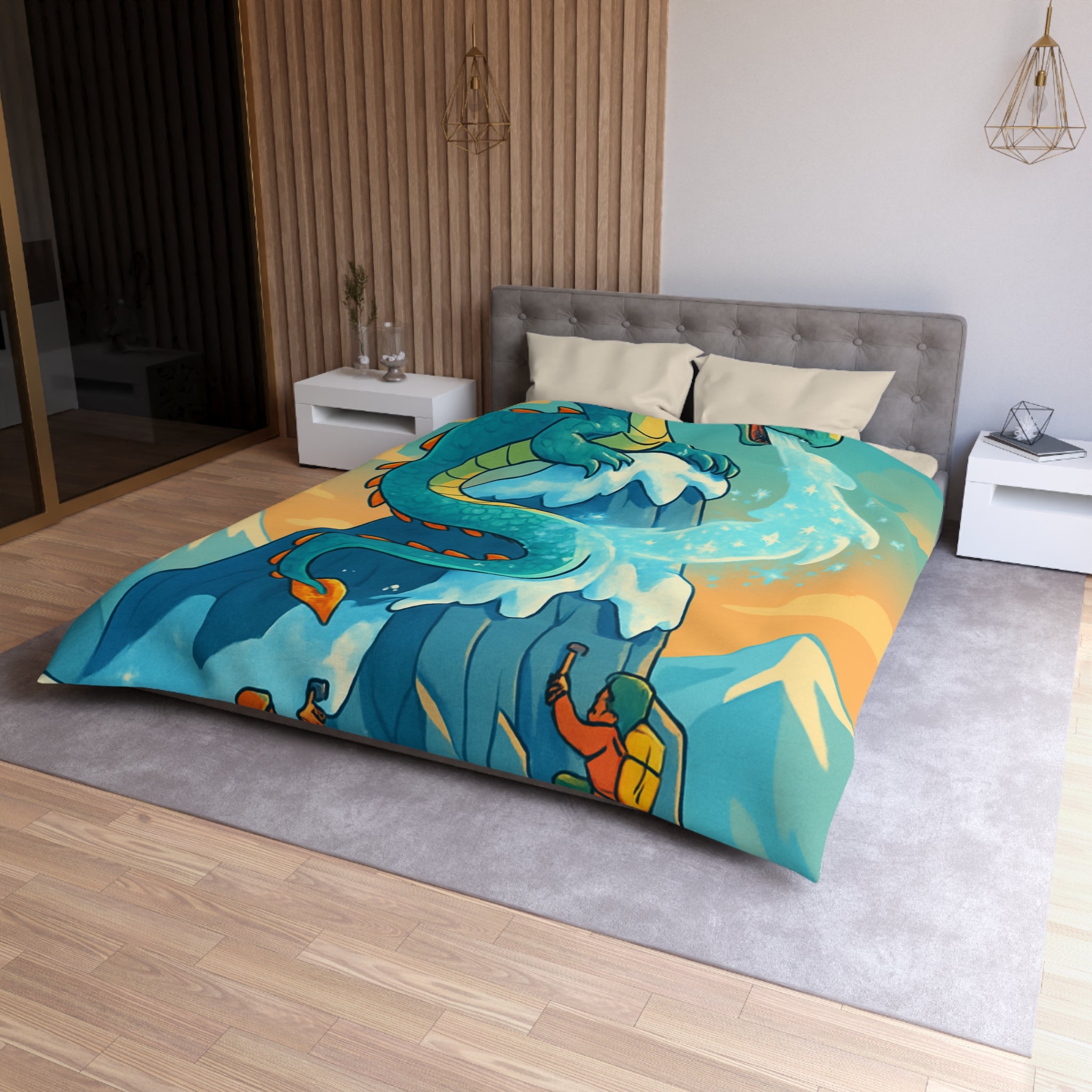 Montagne enneigée gardée par un dragon crachant de la glace, aventure épique illustrée