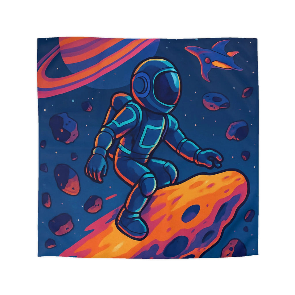 Aventure spatiale colorée avec astronaute sur météore, planète anneau et vaisseaux futuristes