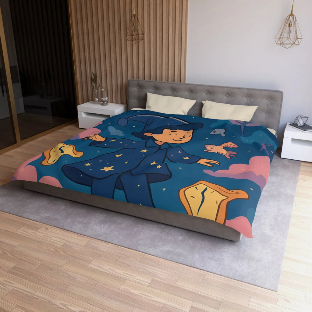 Housse de couette magique avec sorcier enfant rêvant de créatures volantes lunaires